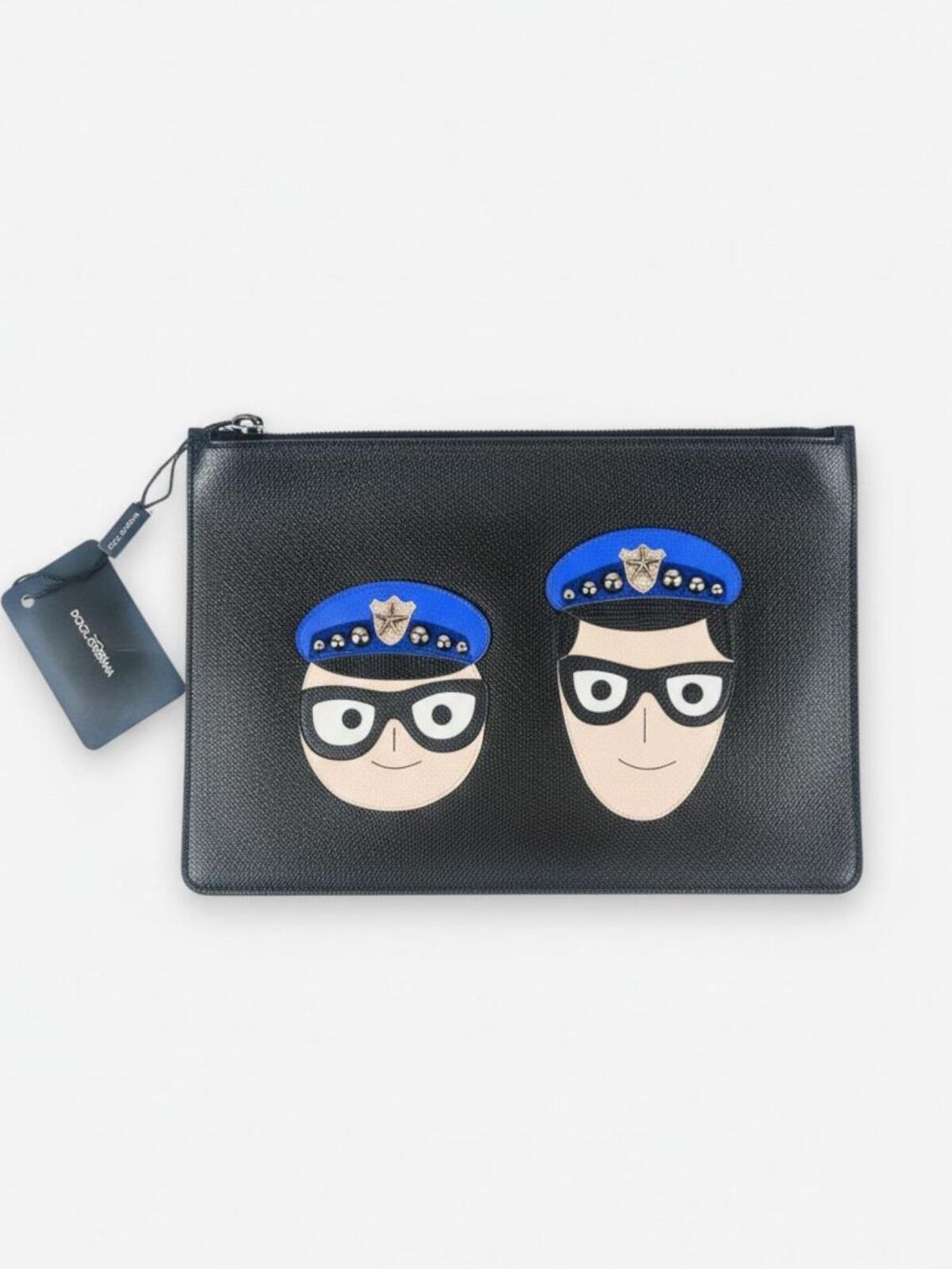 Dolce & Gabbana #DGFamily Black Calfskin Zip Pouch Face Appliqué Studs NWT