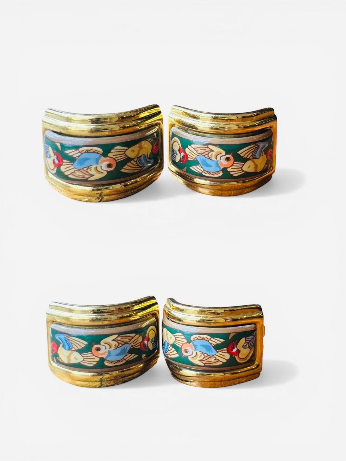 Hermès Vintage Gold Plated Enamel Bird Clip-On Earrings Green | Stamped