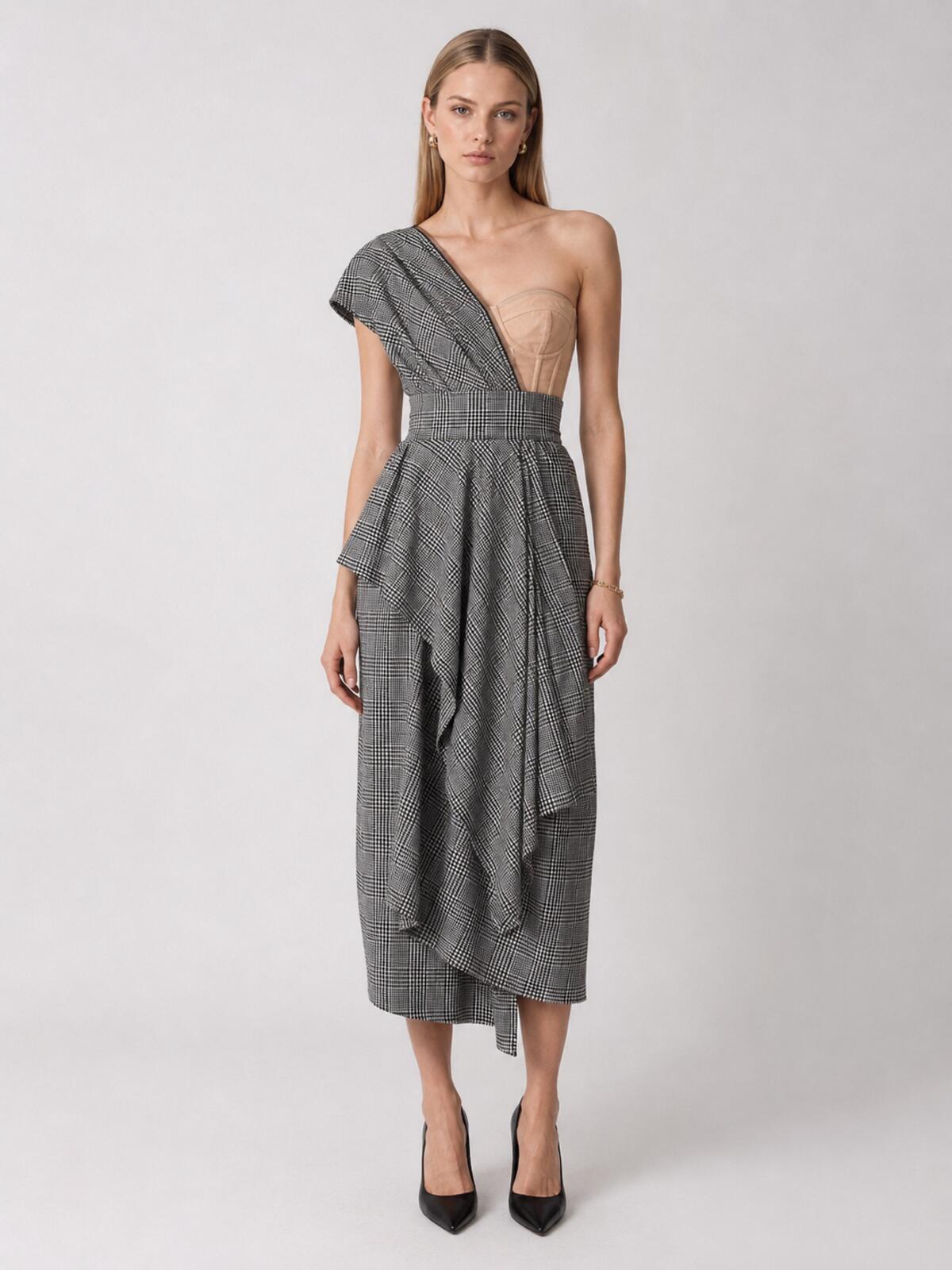 Dolce & Gabbana Glen Plaid One-Shoulder Bustier Midi Dress IT 40 US 4 | NWT