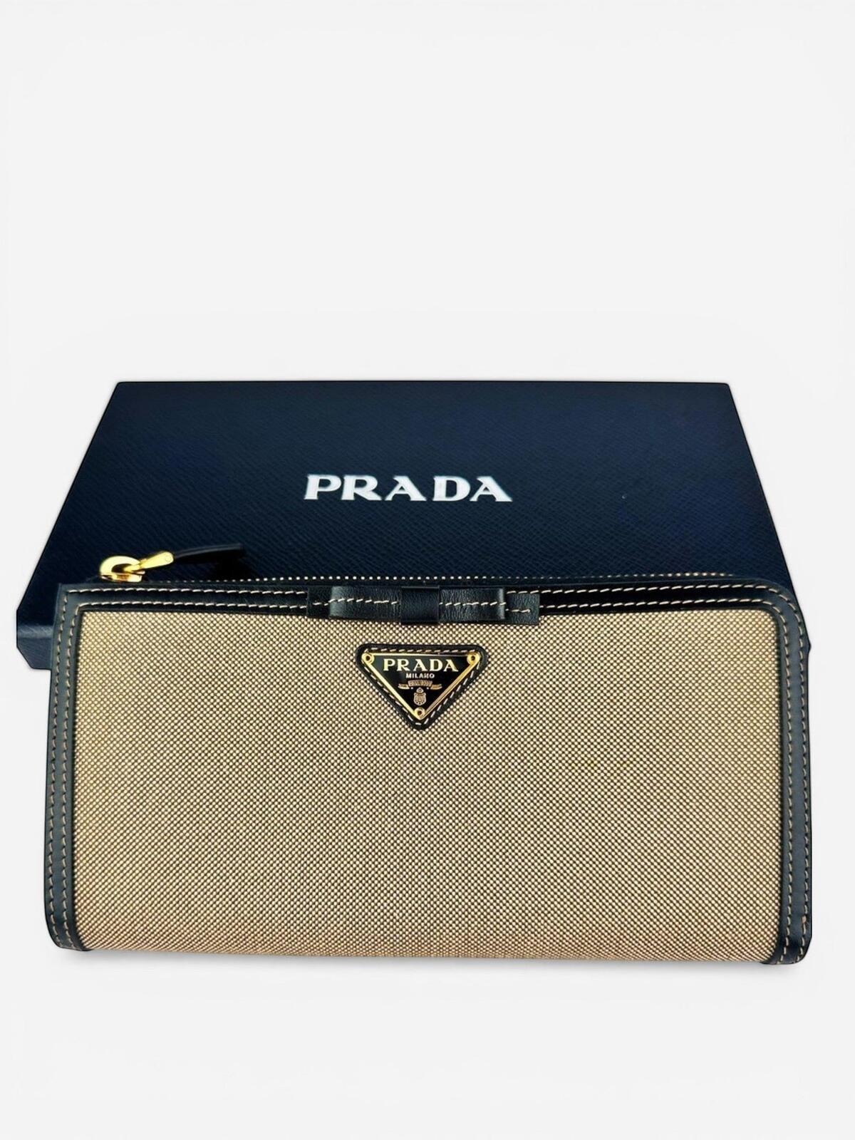 Prada Logo Jacquard Canvas Leather Zip-Around Wallet Beige Black | NWT