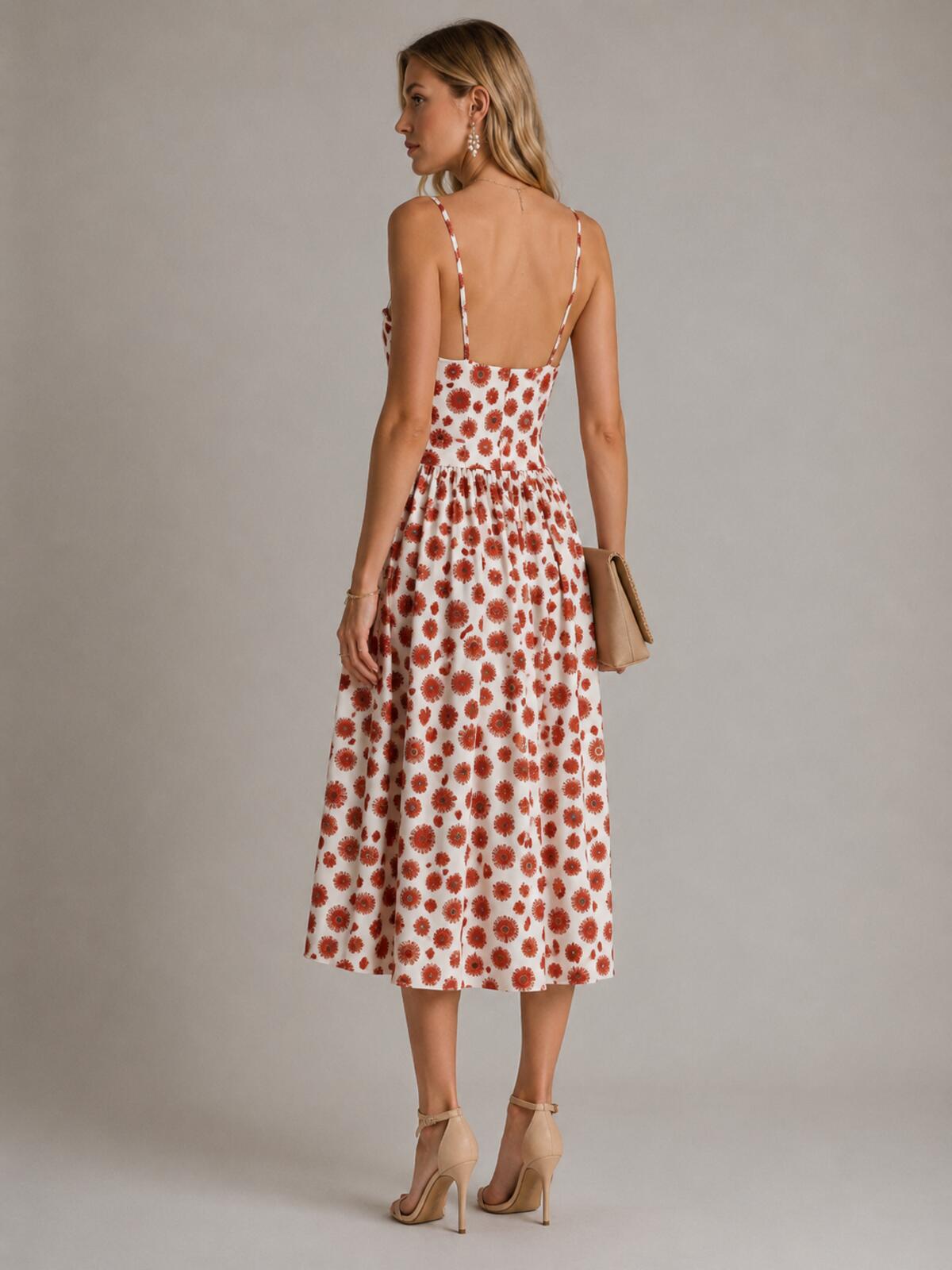 Agua Bendita Acacia Bustier Linen Midi Dress White Red Print Size L | NWT