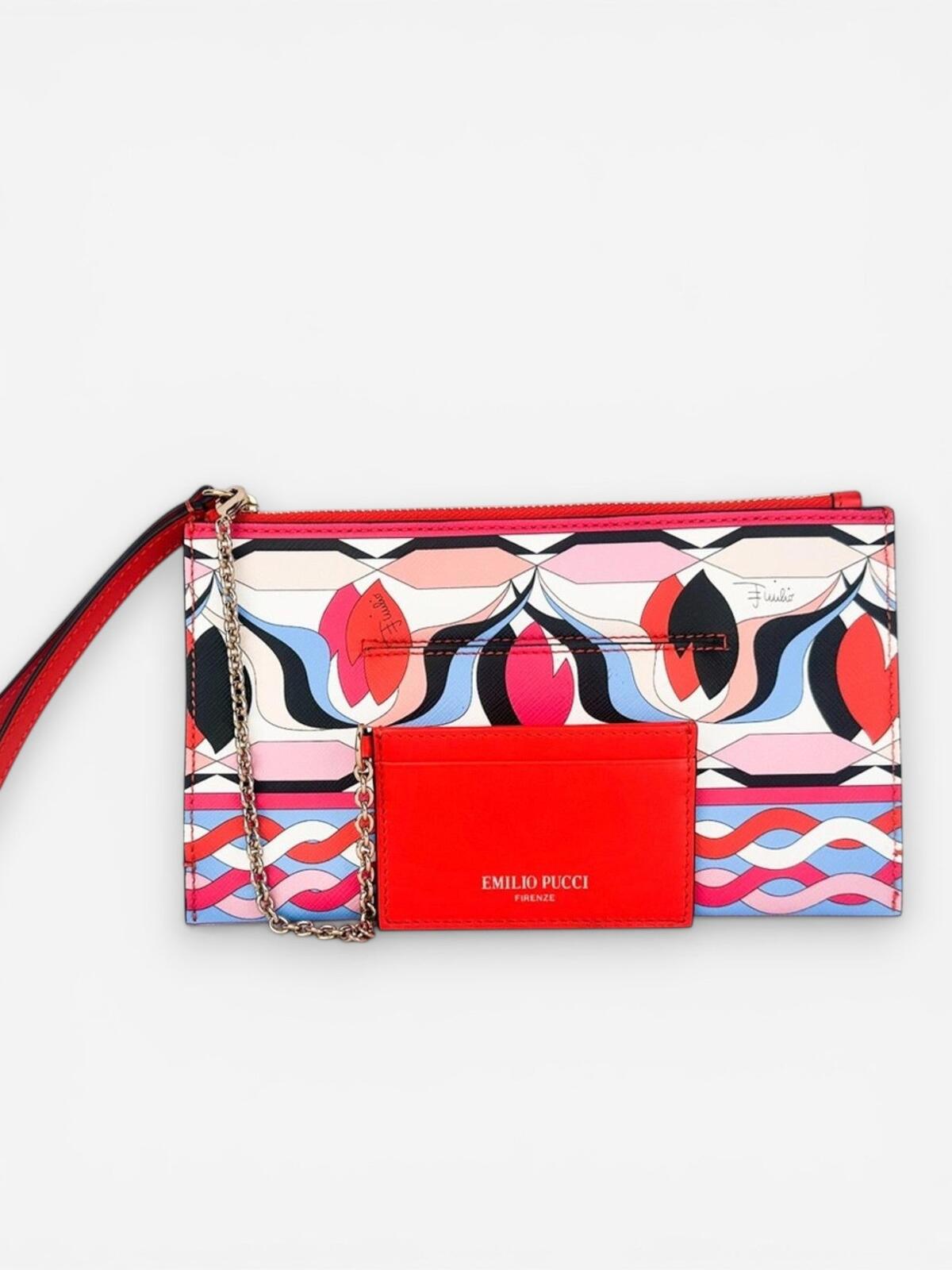 Pucci Iconic Geometric Print Leather Wristlet Pouch Chain Card Holder New