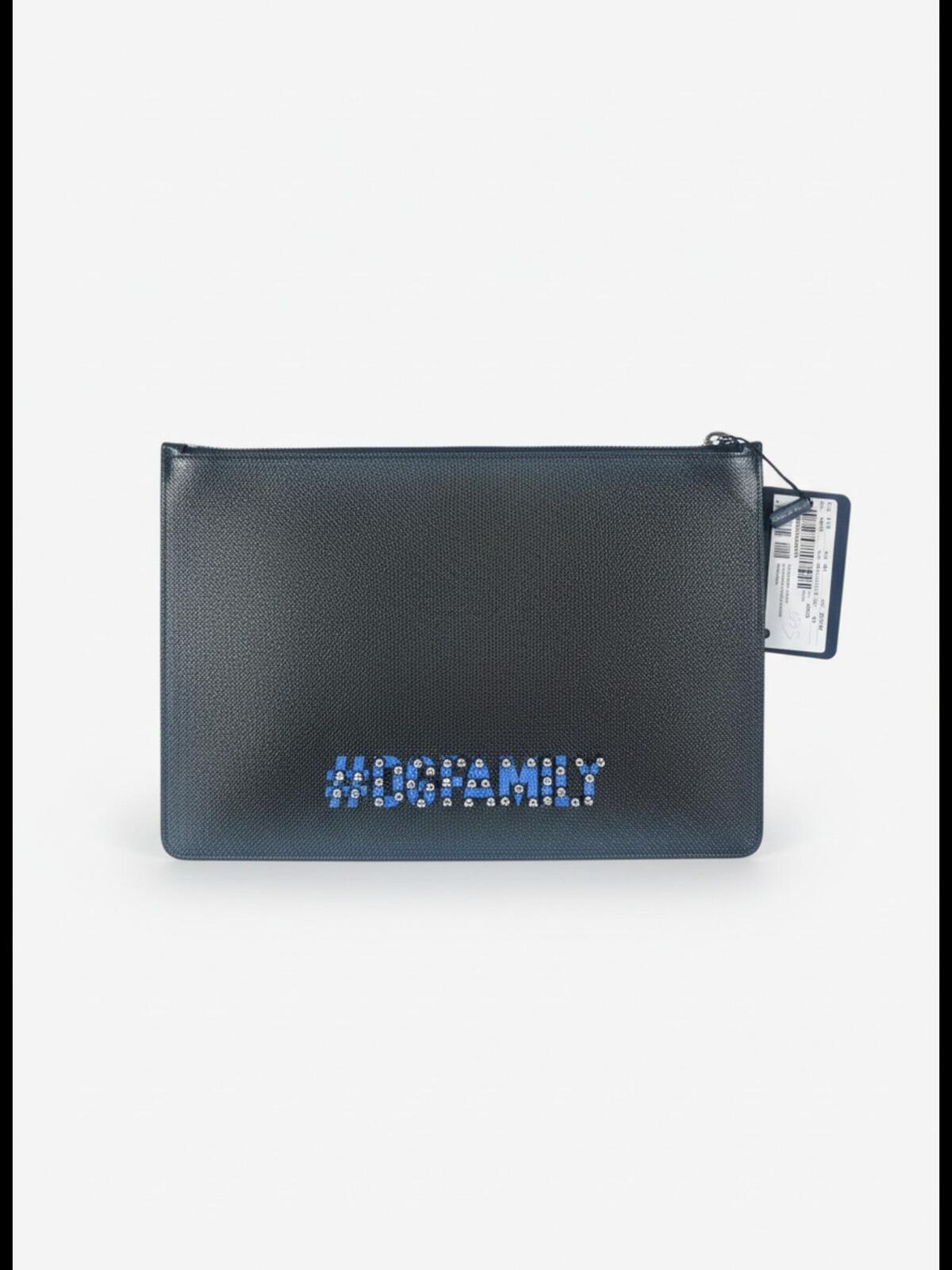 Dolce & Gabbana #DGFamily Black Calfskin Zip Pouch Face Appliqué Studs NWT