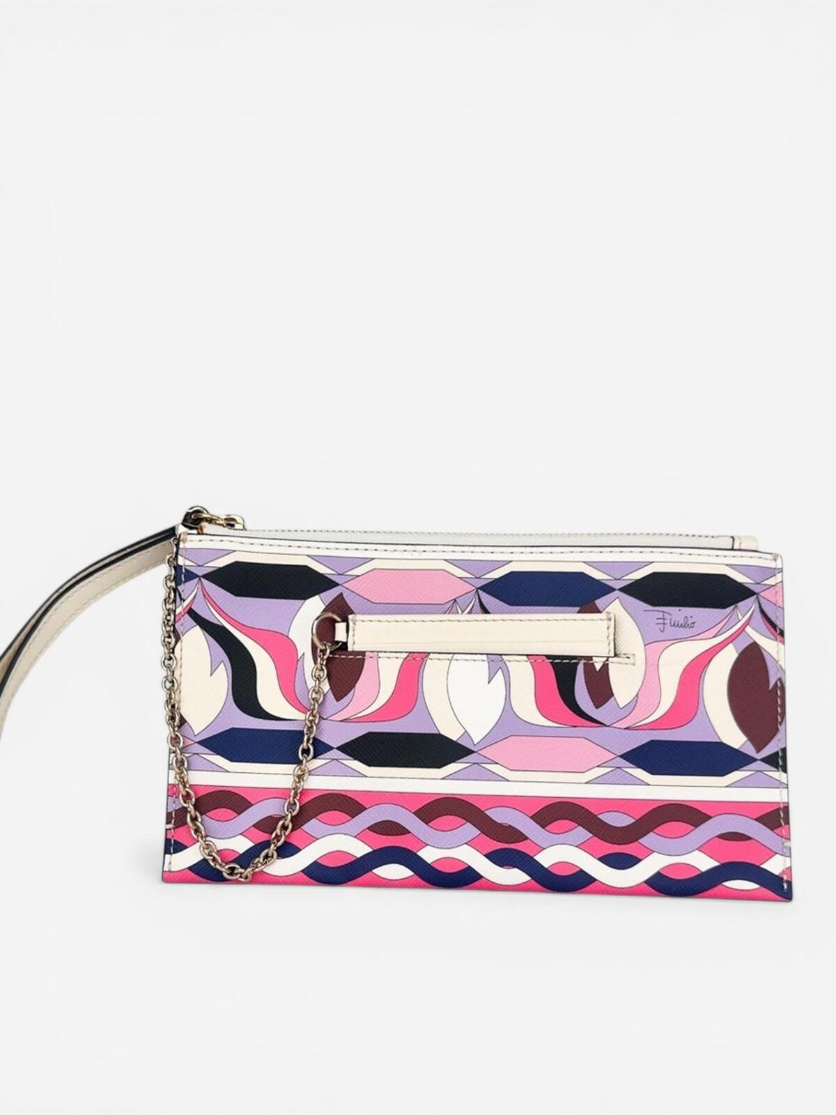 Pucci Geometric Print Leather Wristlet Clutch Pink Purple | Card Holder New