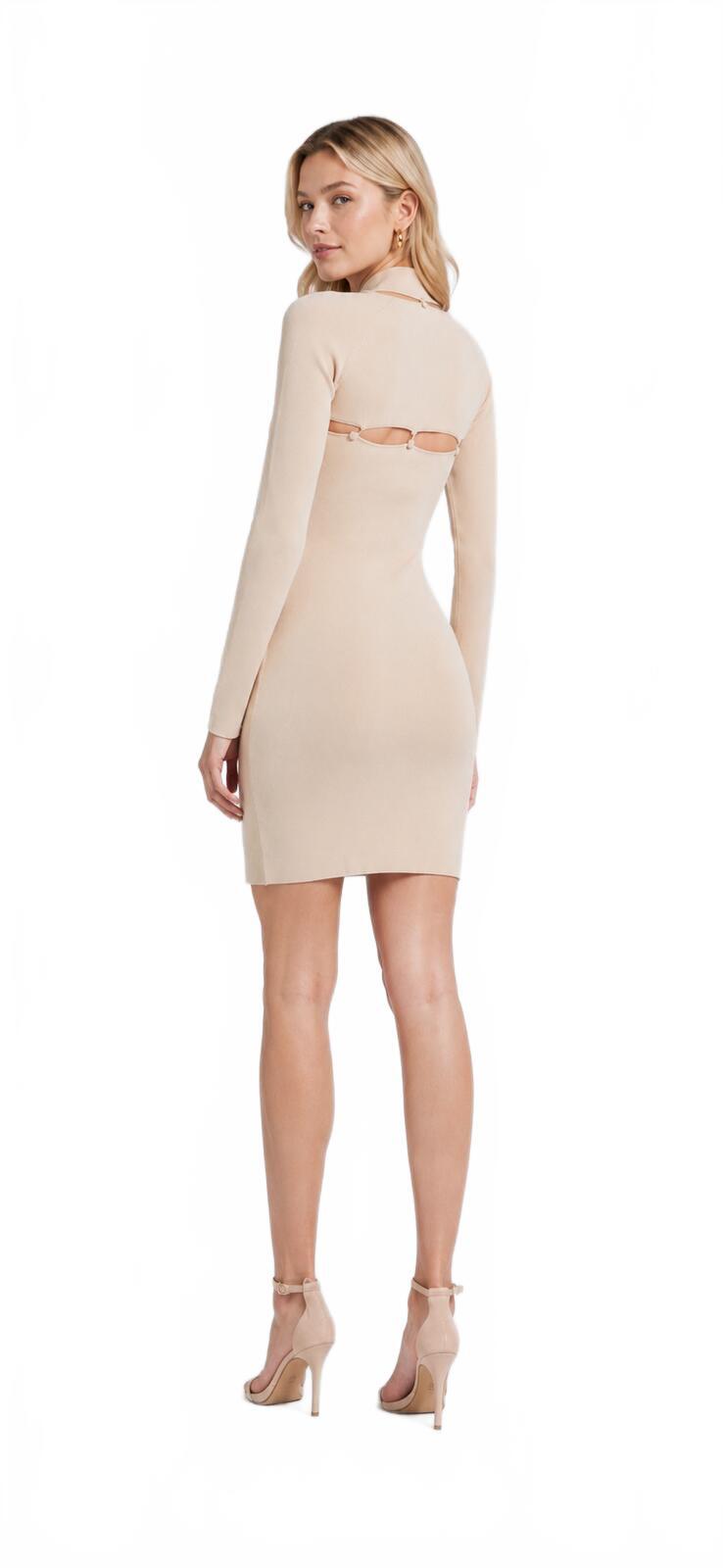 Nanushka Ilona Knit Mini Dress Beige Cut Out High Neck Long Sleeve S | NWT