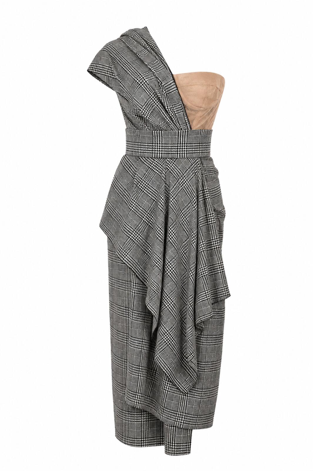Dolce & Gabbana Glen Plaid One-Shoulder Bustier Midi Dress IT 40 US 4 | NWT