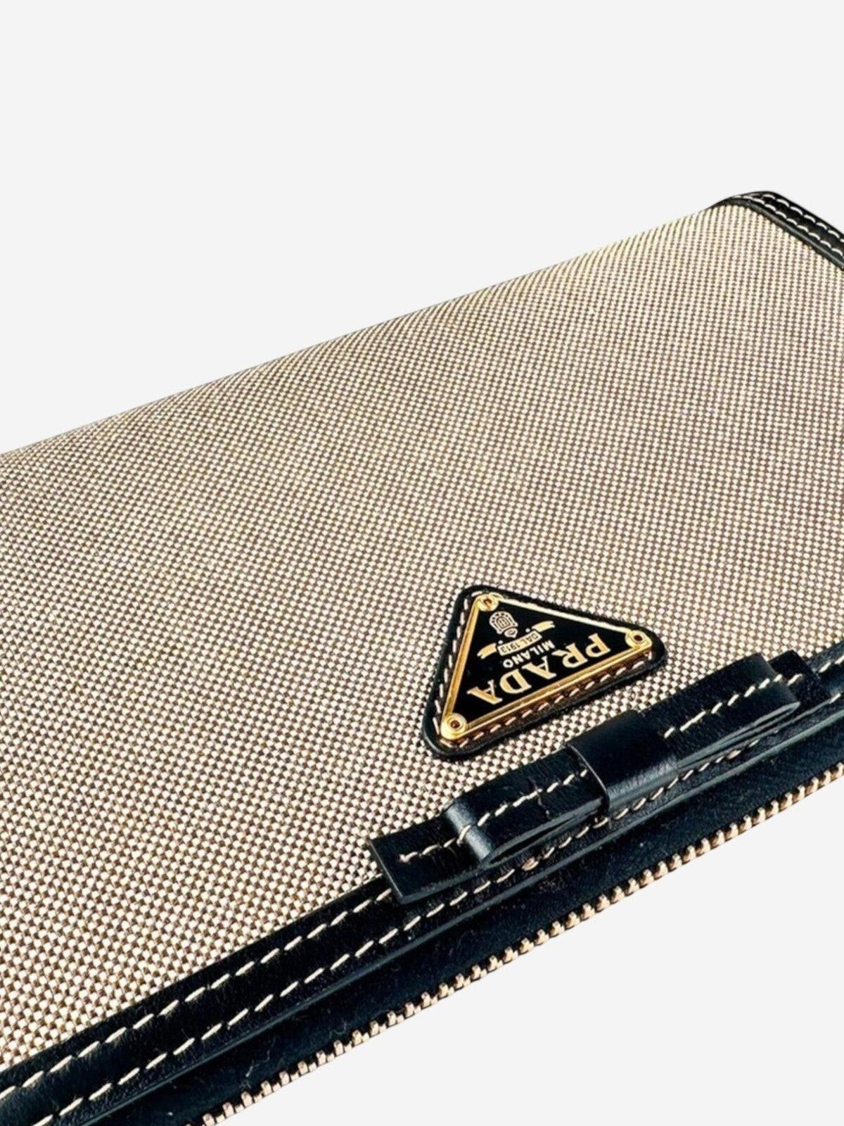 Prada Logo Jacquard Canvas Leather Zip-Around Wallet Beige Black | NWT