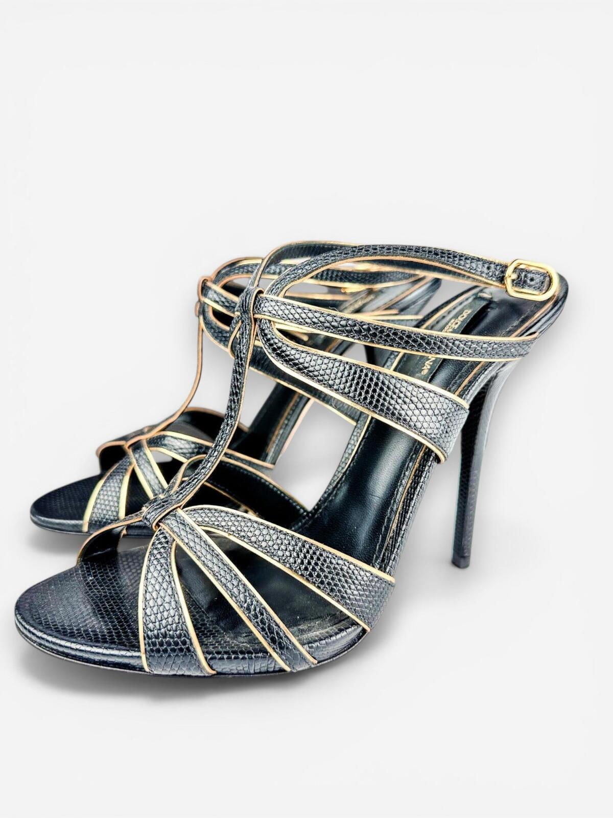 Dolce & Gabbana Black Gold Embossed Calfskin Ankle Strap Stiletto EU 39 | NWT