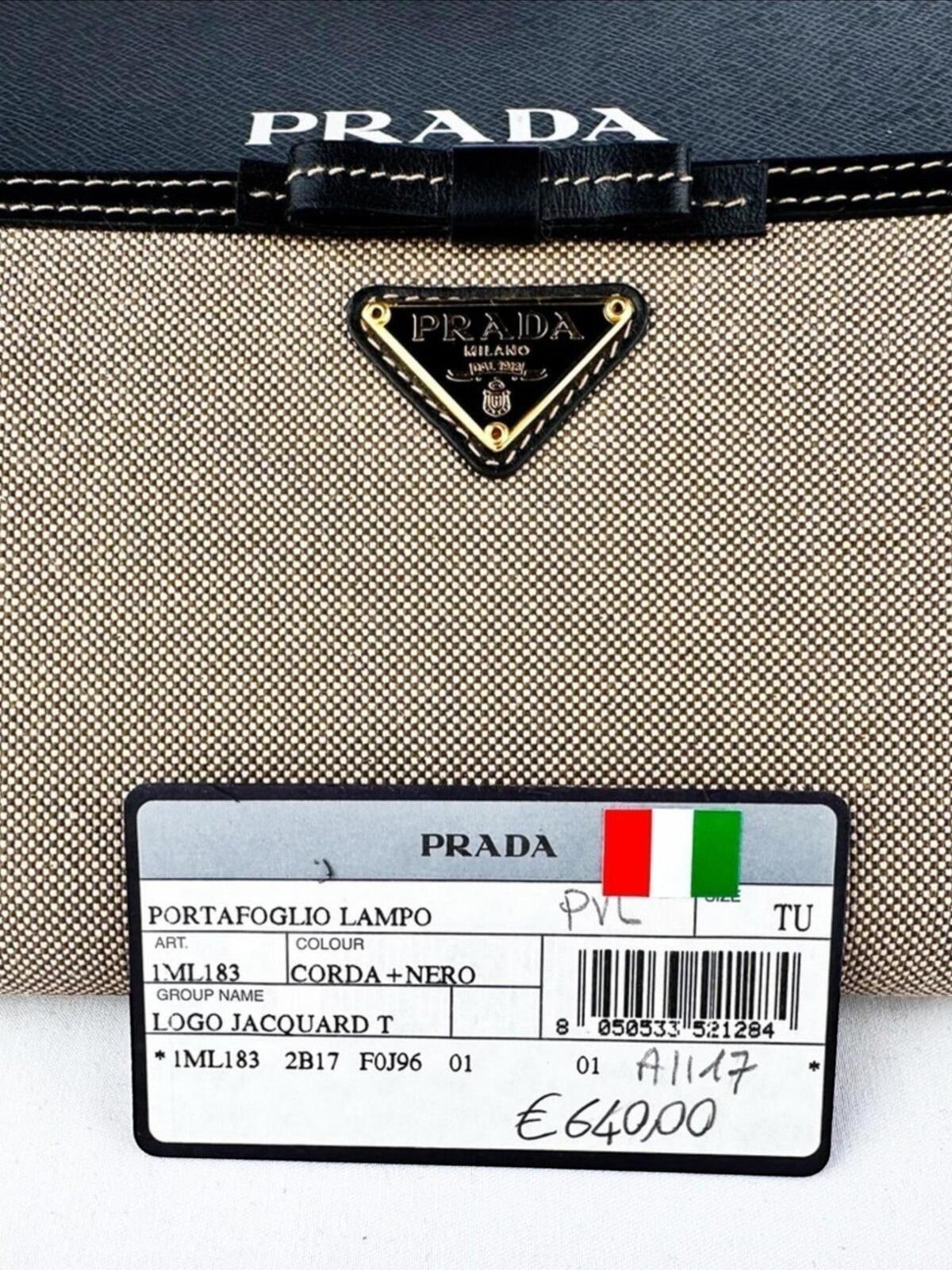 Prada Logo Jacquard Canvas Leather Zip-Around Wallet Beige Black | NWT