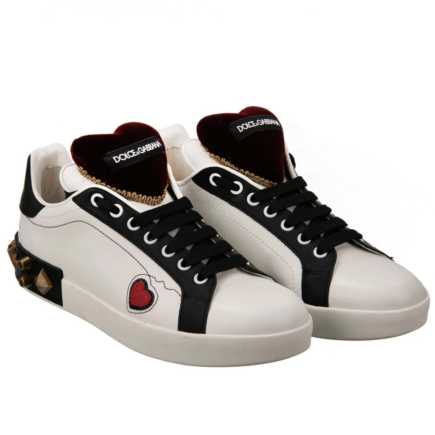 White Leather Heart And Stud Embellished Portofino Sneakers