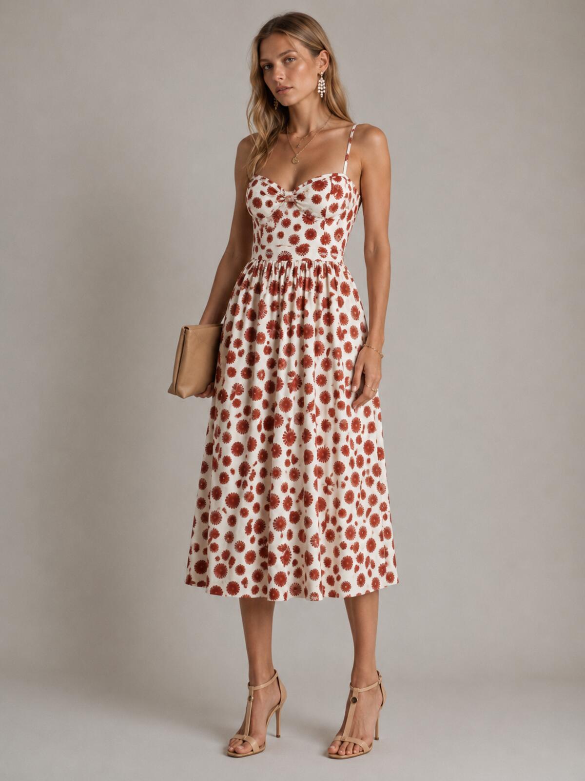 Agua Bendita Acacia Bustier Linen Midi Dress White Red Print Size L | NWT