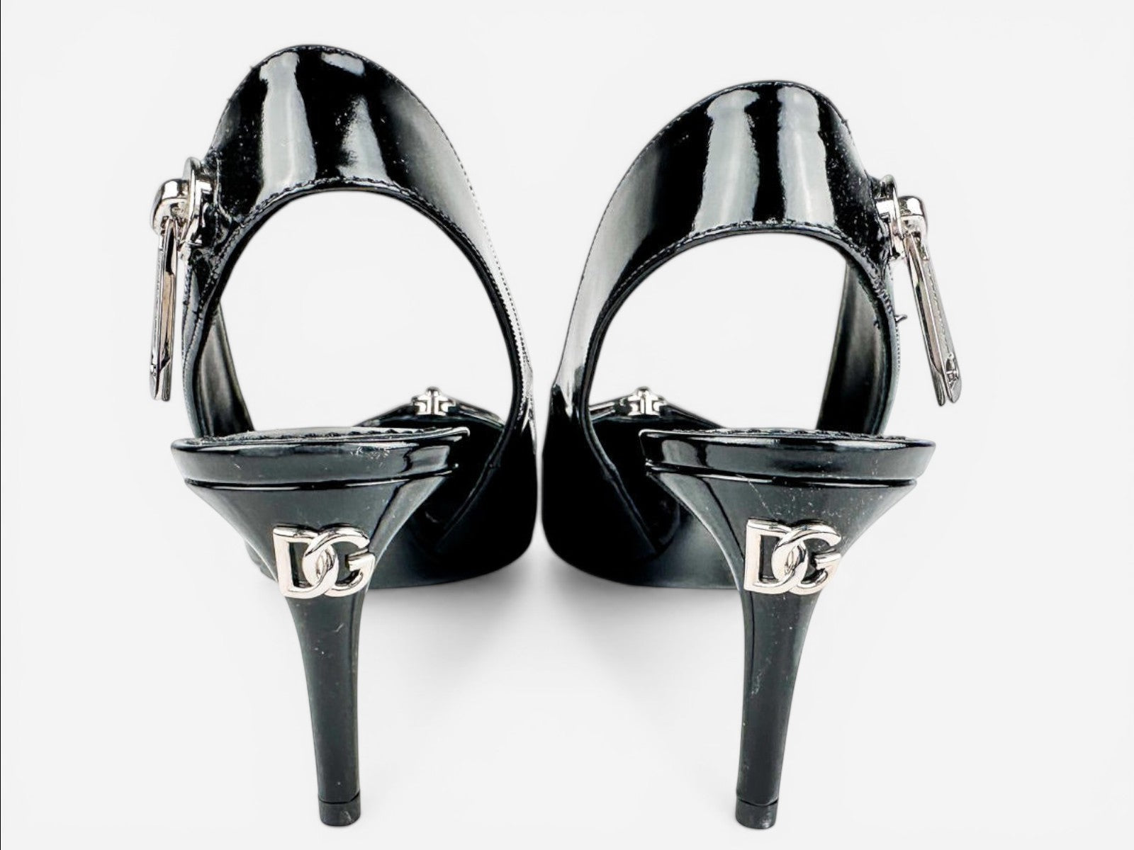 D&G Black Patent Pointed‑Toe Slingback Heels with Zipper – Women’s EU 39 NIB