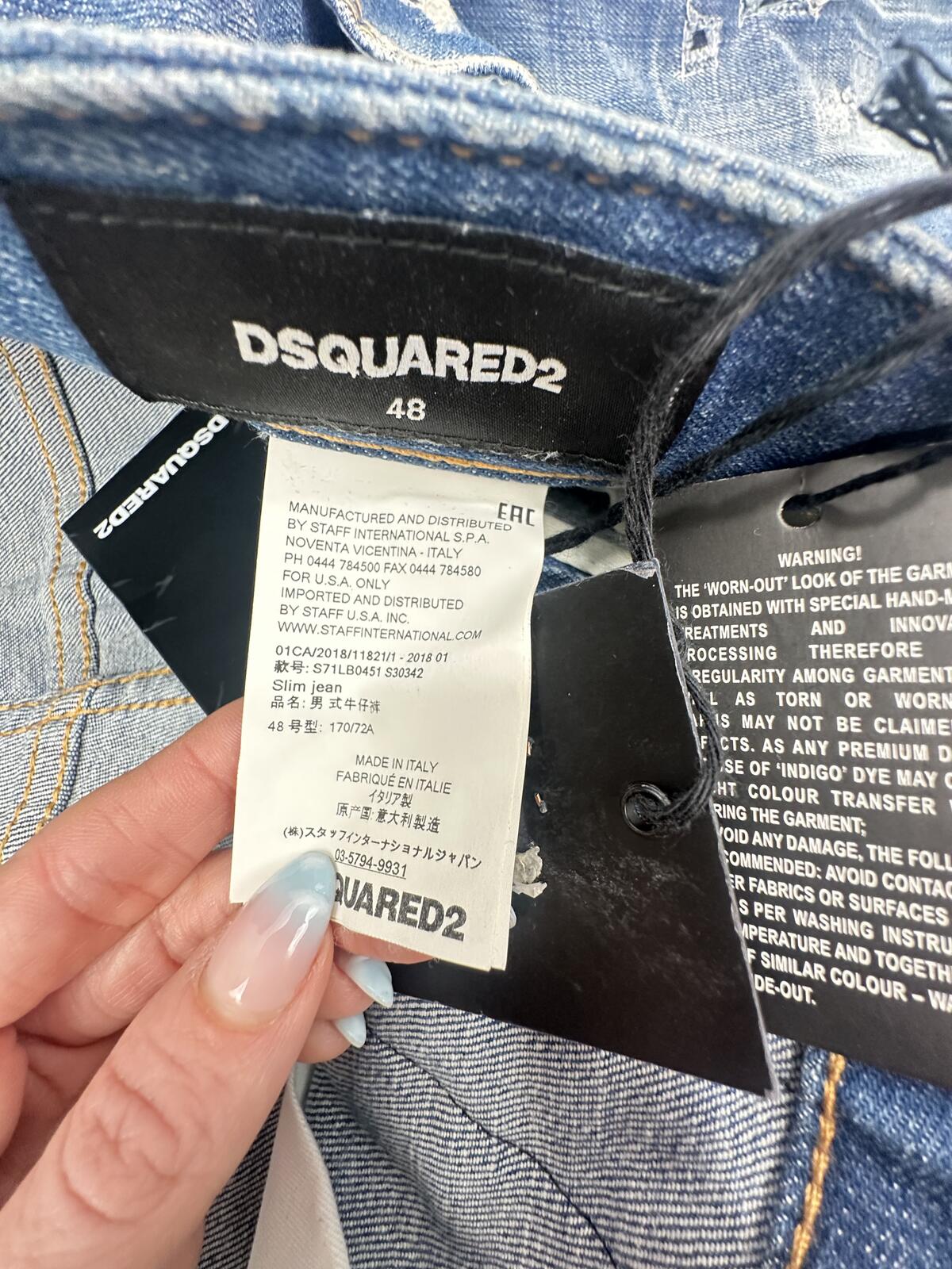 Dsquared2 Slim Jean Distressed Ruffle Fly Denim IT 48 W33 | NWT