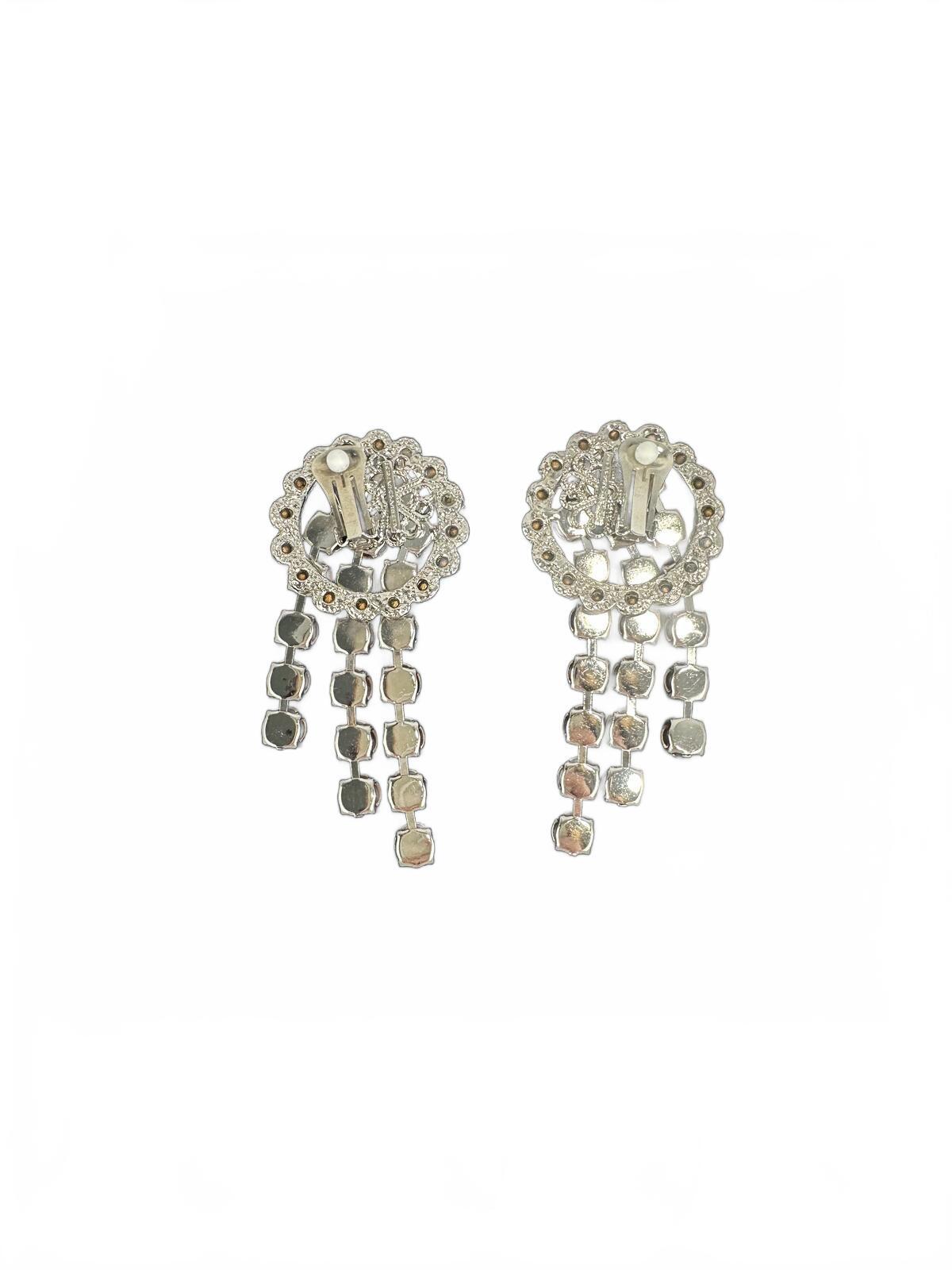 Alessandra Rich Crystal Cascade Drop Clip-On Earrings Silver 3” | NWT Box
