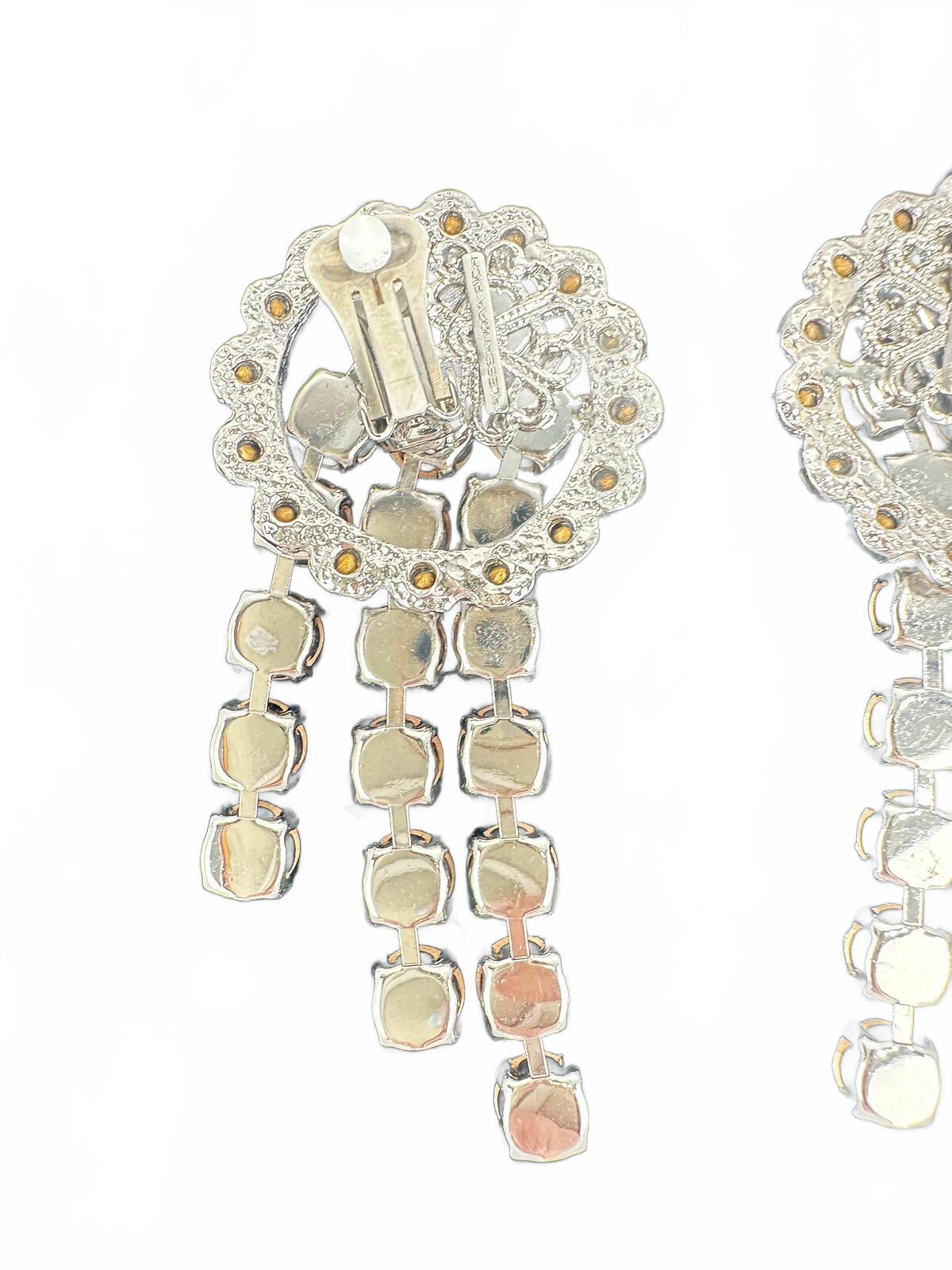 Alessandra Rich Crystal Cascade Drop Clip-On Earrings Silver 3” | NWT Box