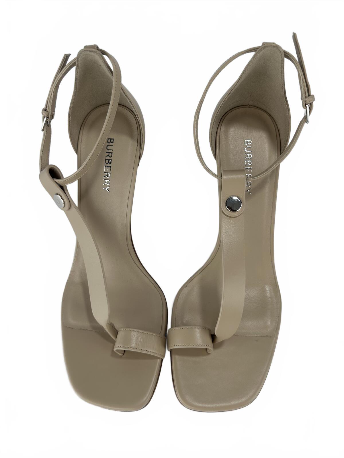 Burberry Stefanie Square Toe Ring Leather Heeled Sandals Beige EU39 | NIB