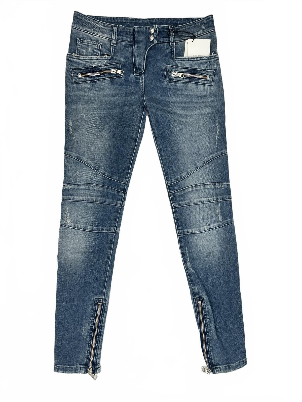 Balmain Paris Biker Skinny Jean Blue Denim Ankle Zip Moto IT 38 US 6 | NWT