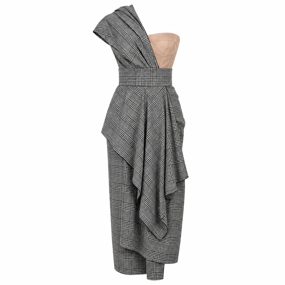 Dolce & Gabbana Glen Plaid One-Shoulder Bustier Midi Dress