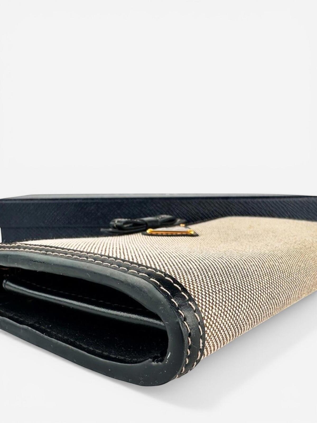 Prada Logo Jacquard Canvas Leather Zip-Around Wallet Beige Black | NWT
