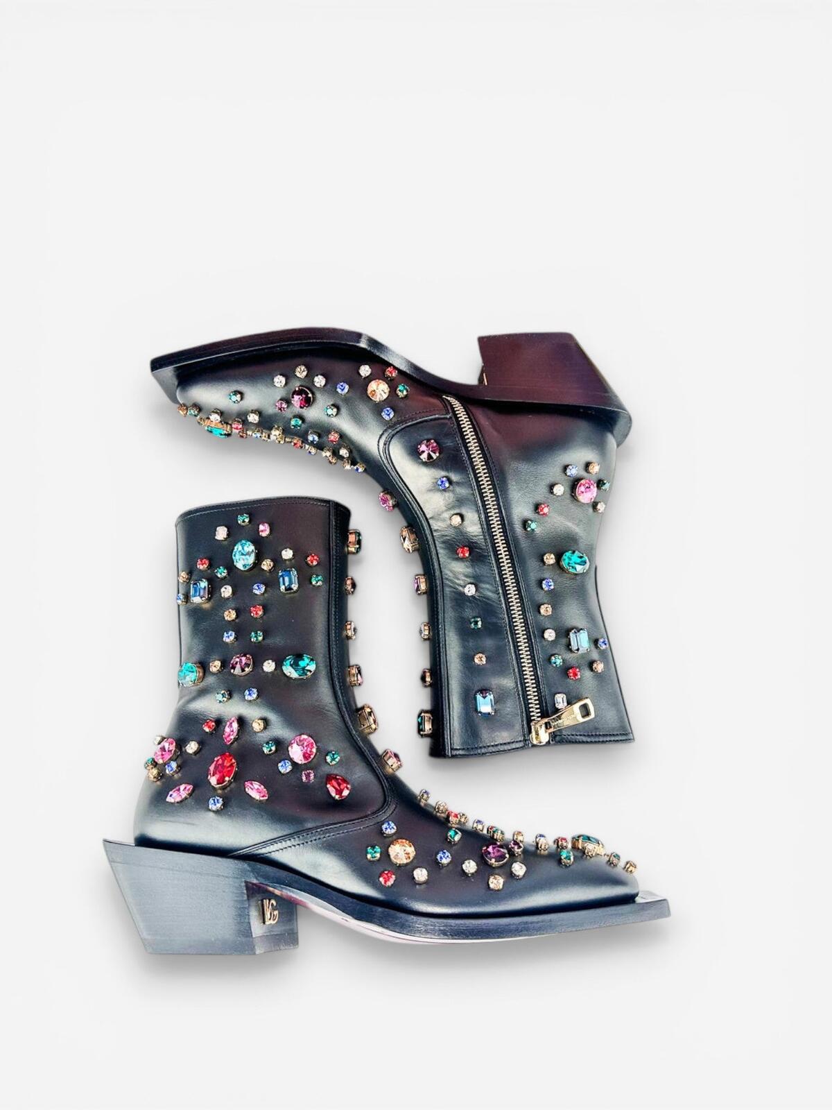 Dolce & Gabbana Crystal Rhinestone Western Cowboy Boot Black Men EU 39 | NIB