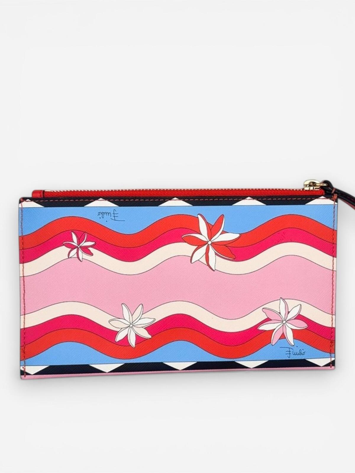 Pucci Iconic Geometric Print Leather Wristlet Pouch Chain Card Holder New