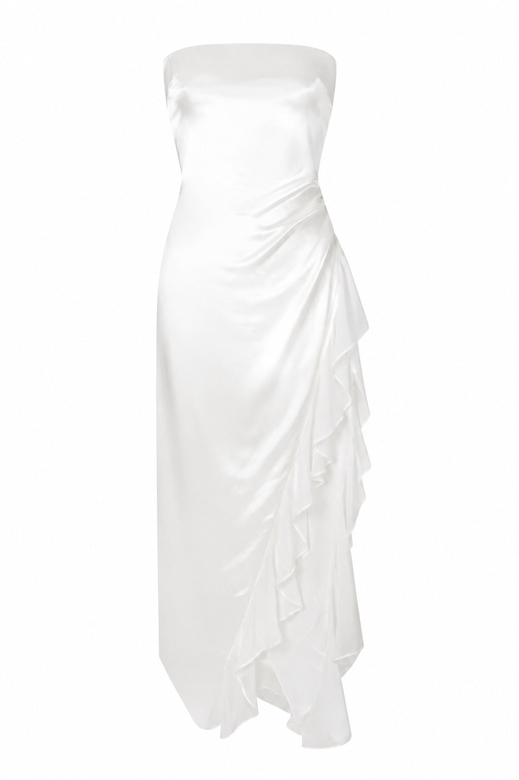 Retrofête Lorelai Satin Midi Dress | White High Slit Ruffle | M | NWT