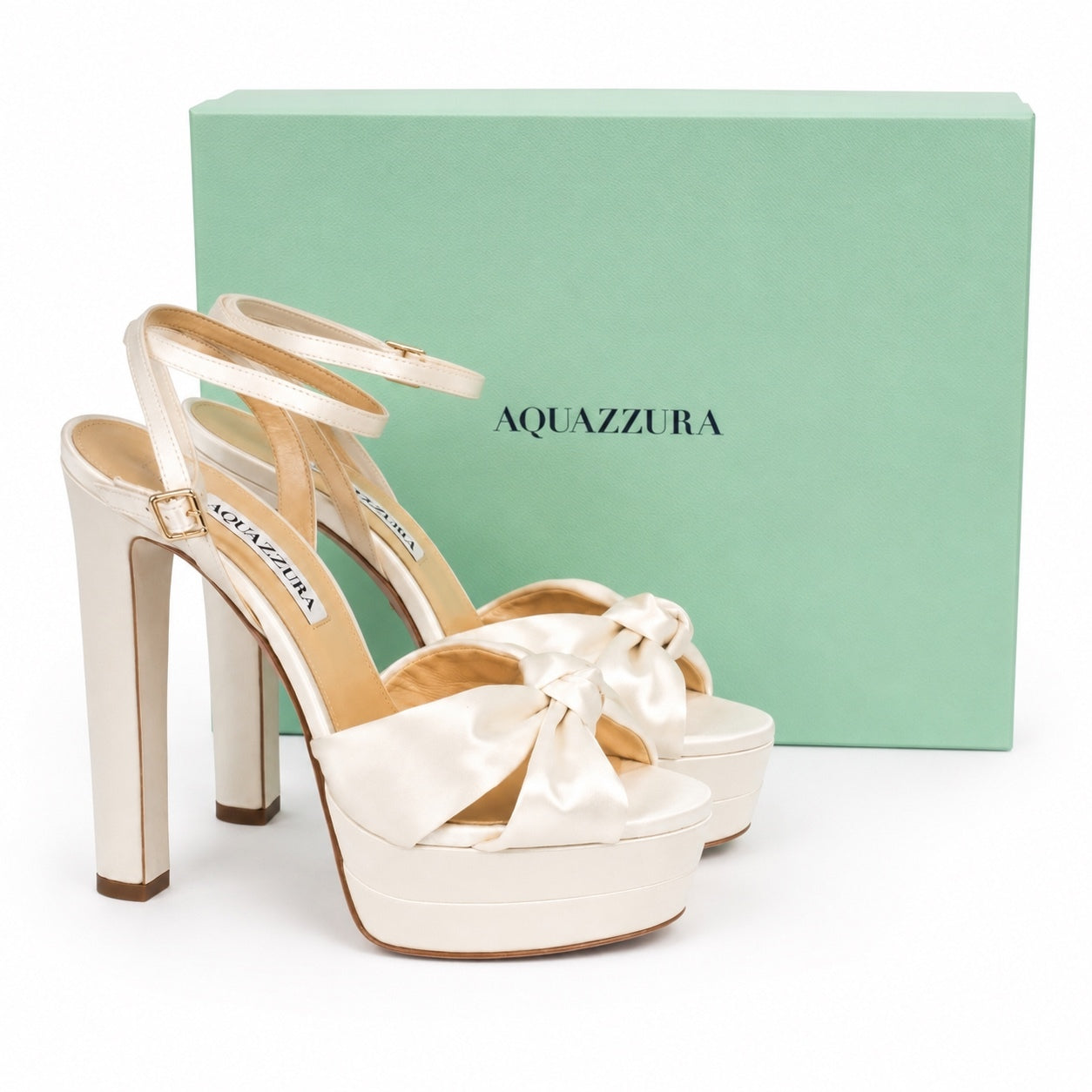 Aquazzura Cupid Bridal Plateau 130 White Satin Bow Platform Heels EU38 | NIB