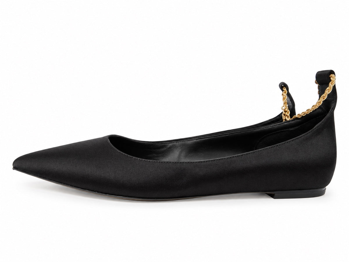 Ferragamo Dada T Black Satin Ankle Chain Ballet Flats EU 37 US 6.5 | NIB