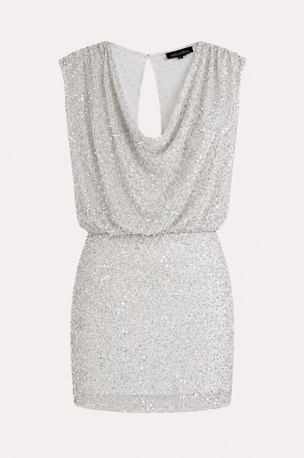 Retrofête Yvette Embellished Beaded Tulle Sequin Cowl Mini Dress Grey M | NWT