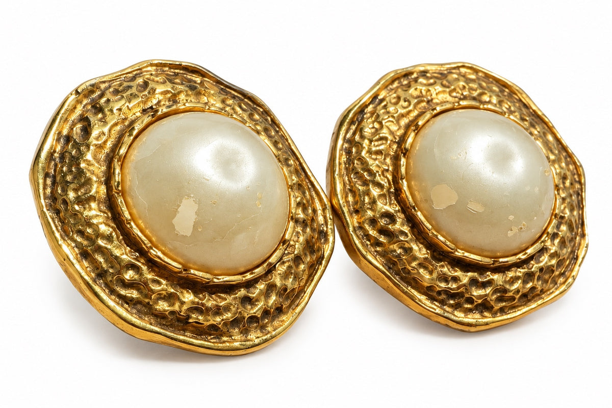Chanel Vintage Hammered Gold Faux Pearl Clip-On Earrings