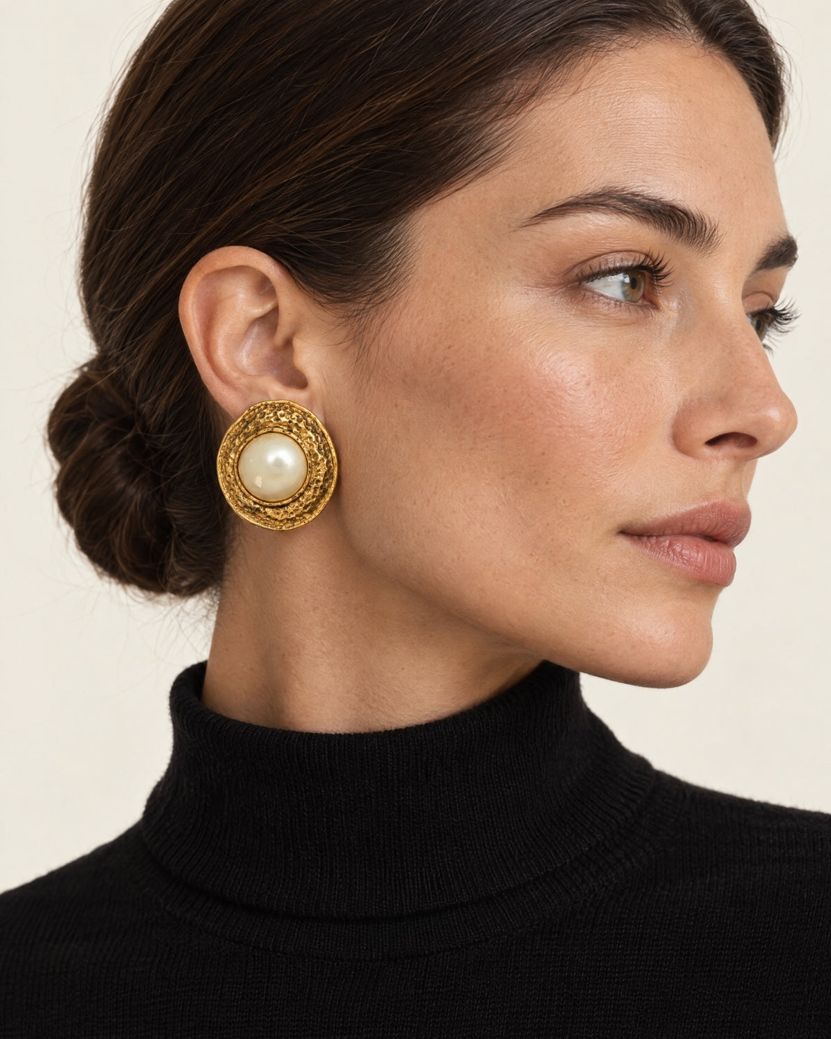 Chanel Vintage Hammered Gold Faux Pearl Clip-On Earrings