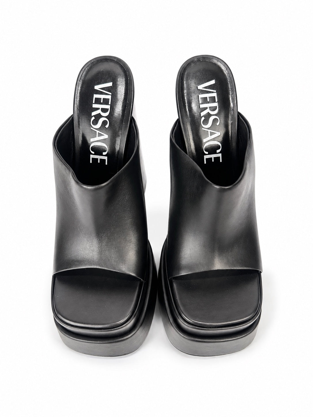 Versace Black Leather Platform Mule Sandals EU 40.5 US 10.5 Made in Italy NWOB