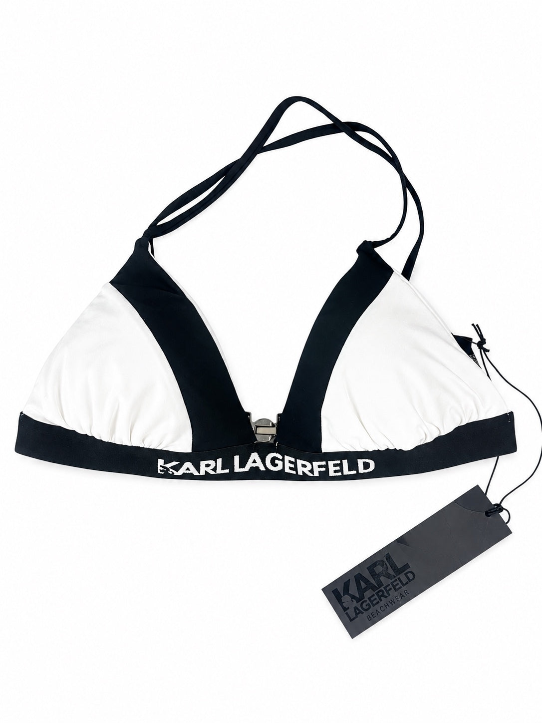 Karl Lagerfeld Logo Triangle Bikini Top Black White Color Block M | NWT
