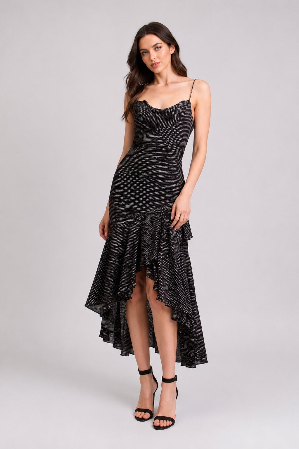 Alice + Olivia Ginger Polka Dot Asymmetrical Ruffle Midi Dress Black US 6 | NWT