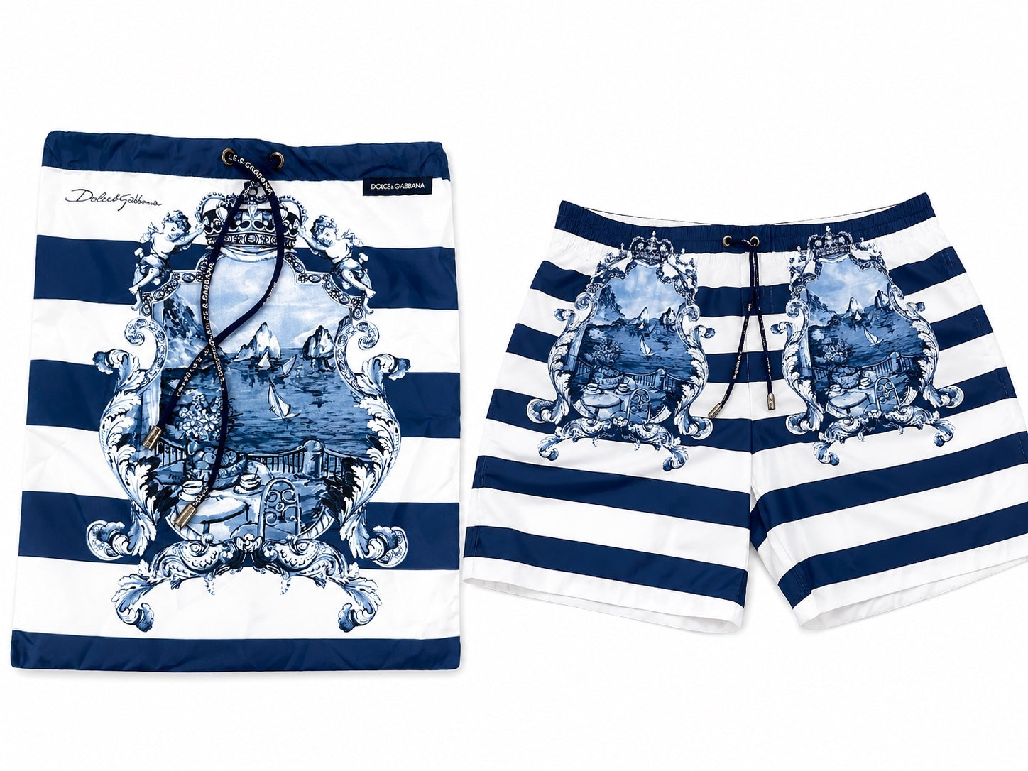 Dolce & Gabbana Capri Print Stripe Swim Shorts Blue White Men XL | NWT
