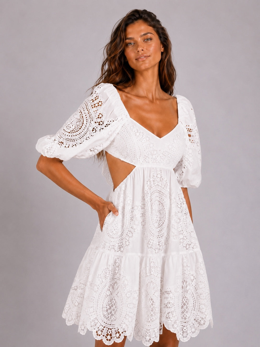 Zimmermann Vacay Lace Mini Dress White Linen Cutout Broderie Anglaise NWT AU 2