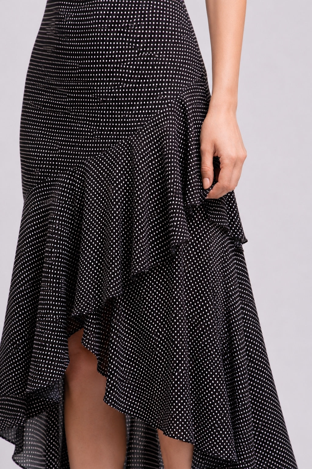 Alice + Olivia Ginger Polka Dot Asymmetrical Ruffle Midi Dress Black US 6 | NWT