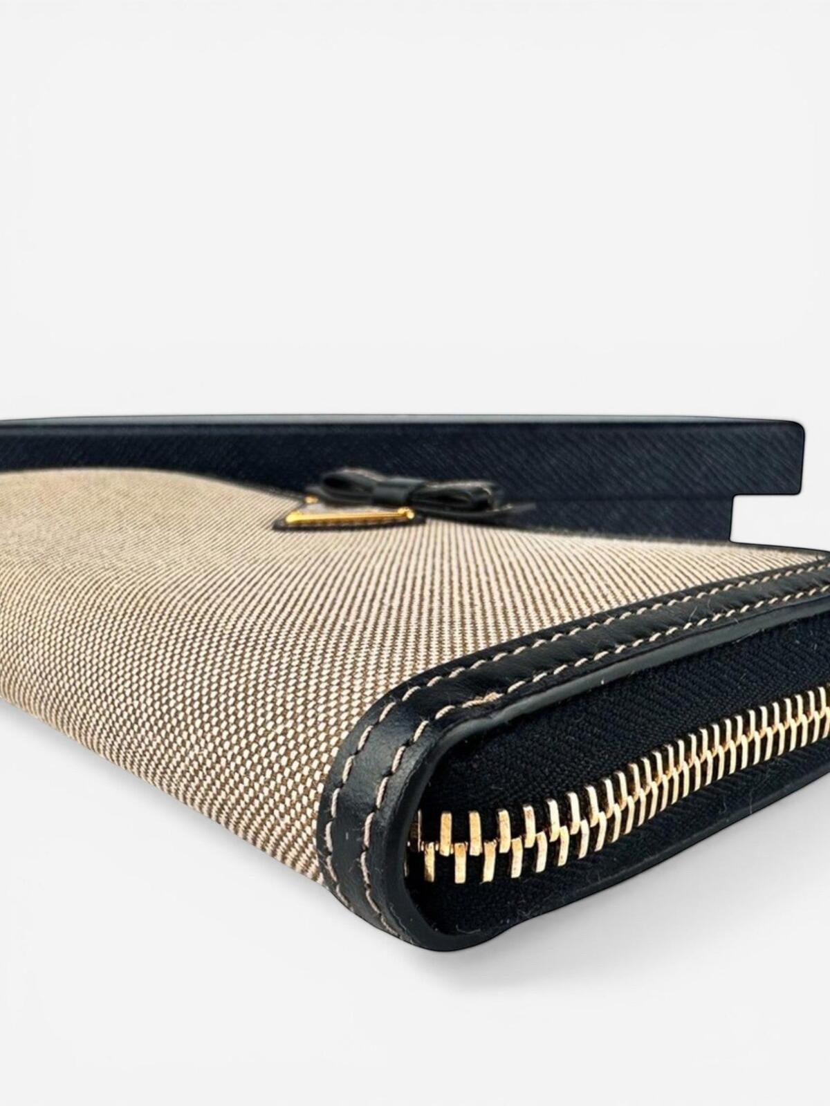 Prada Logo Jacquard Canvas Leather Zip-Around Wallet Beige Black | NWT