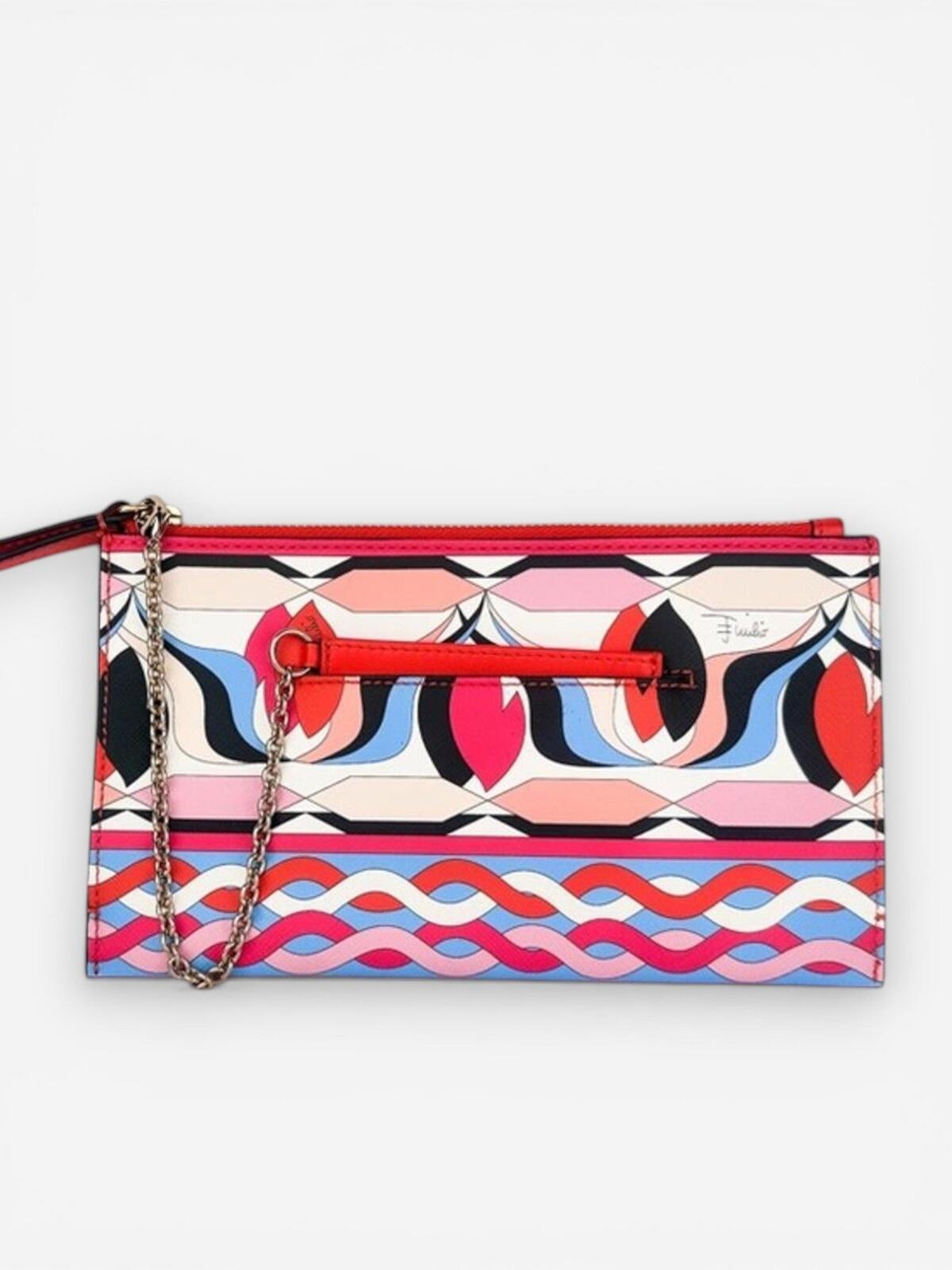 Pucci Iconic Geometric Print Leather Wristlet Pouch Chain Card Holder New