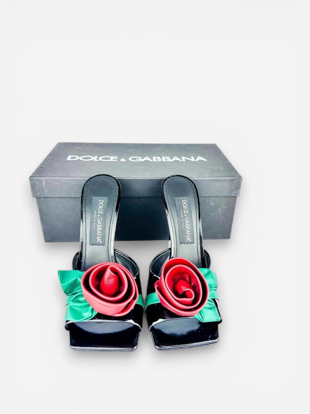 Dolce & Gabbana 3D Rose Floral Appliqué Patent Leather Mule EU 39 – view 3