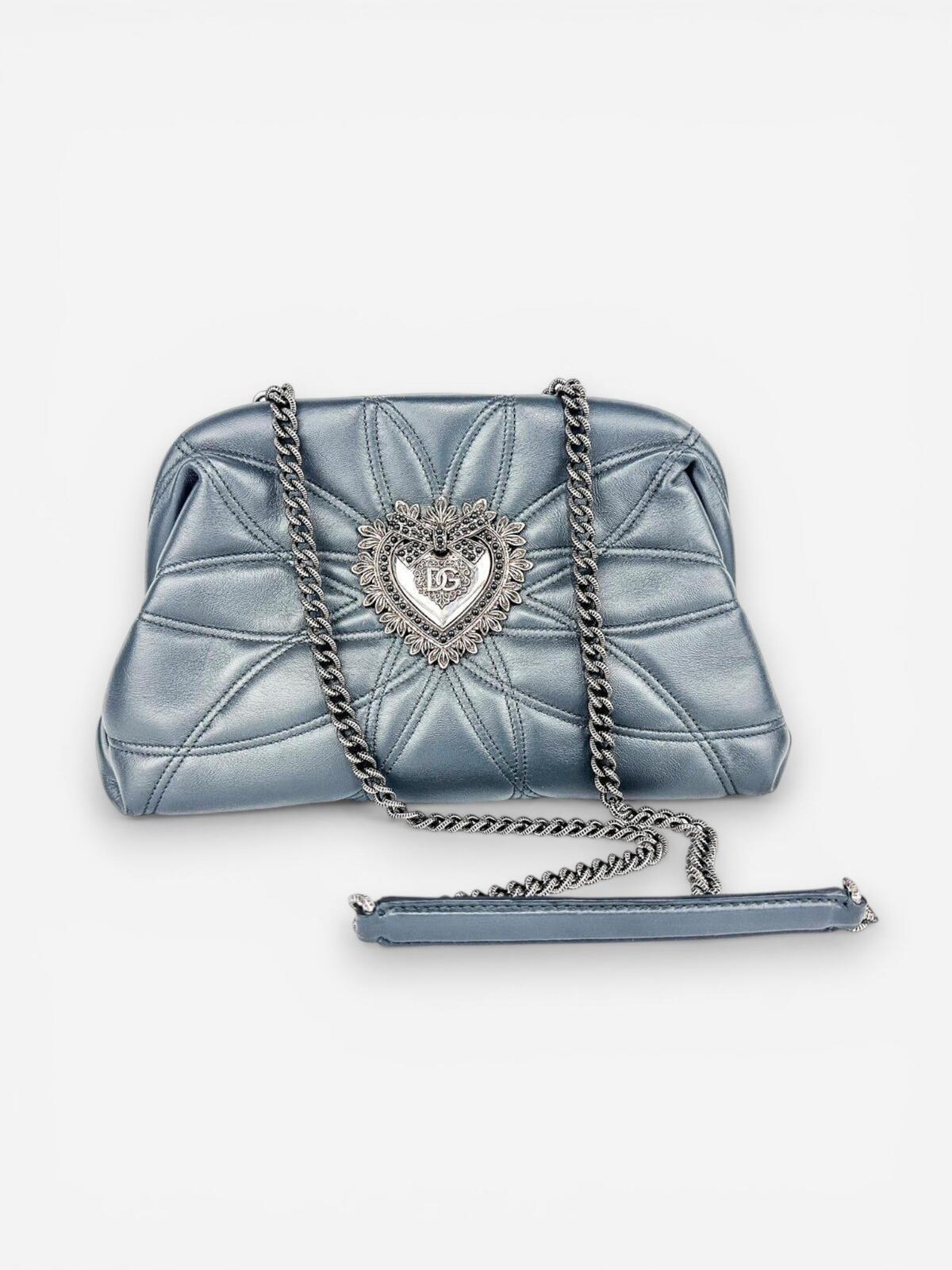 Dolce & Gabbana Dolce & Gabbana Devotion Quilted Leather Chain Shoulder Bag Heart Logo Gray - Vestir
