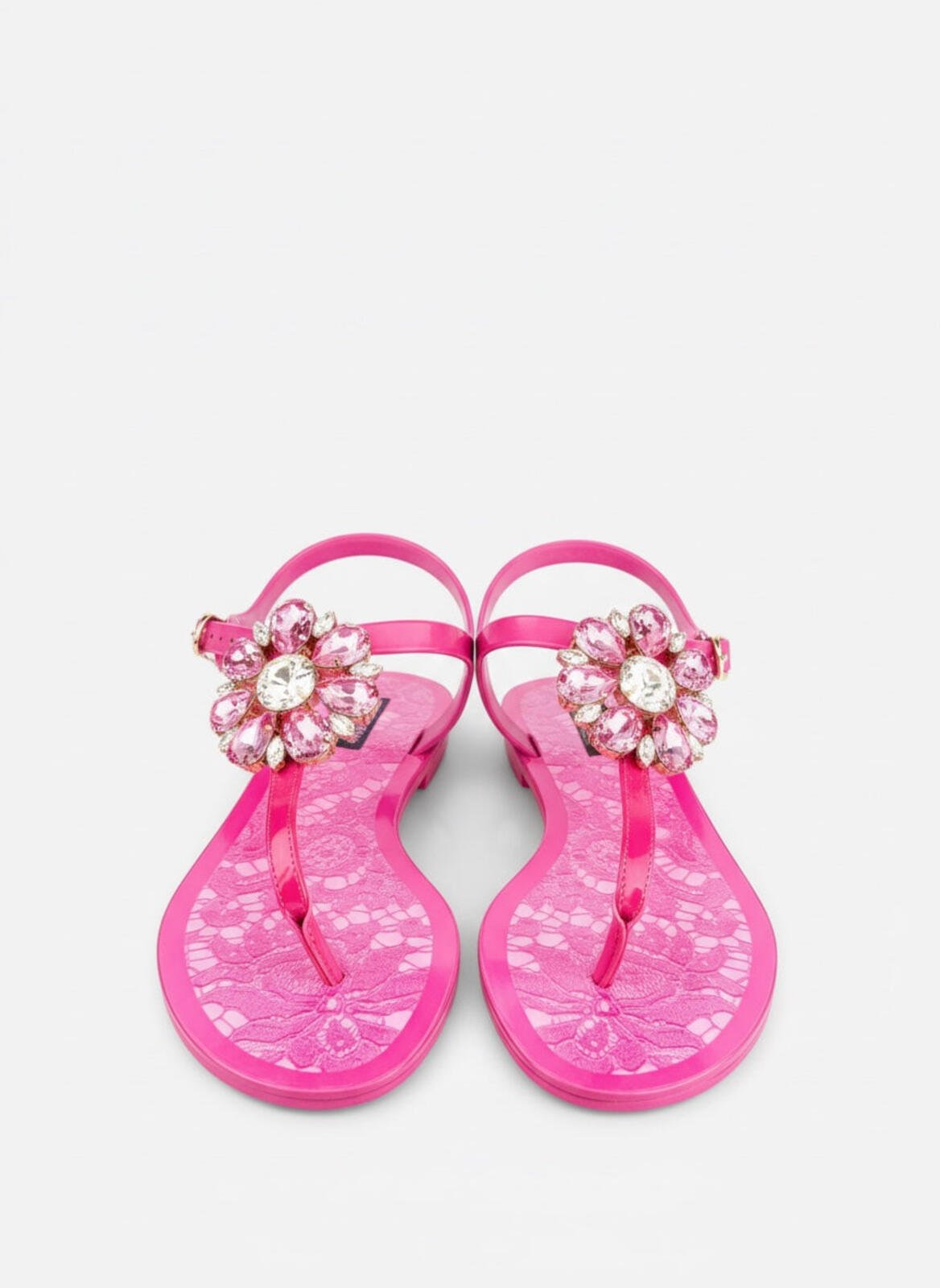 Dolce & Gabbana Dolce & Gabbana Fuchsia Crystal Flat Sandal Lace Print Footbed EU 36 US 6 New - Vestir