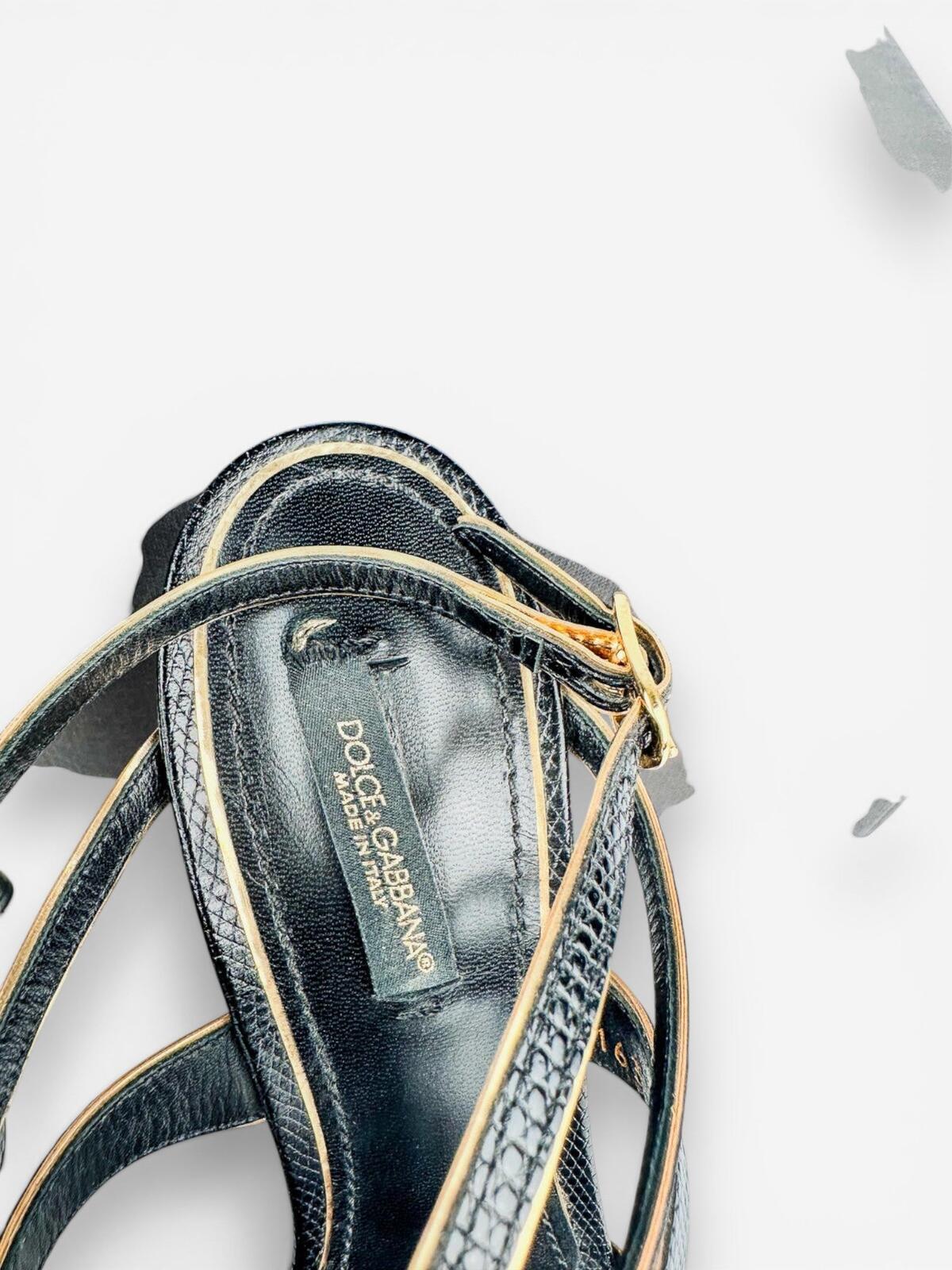 Dolce & Gabbana Black Gold Embossed Calfskin Ankle Strap Stiletto EU 39 | NWT