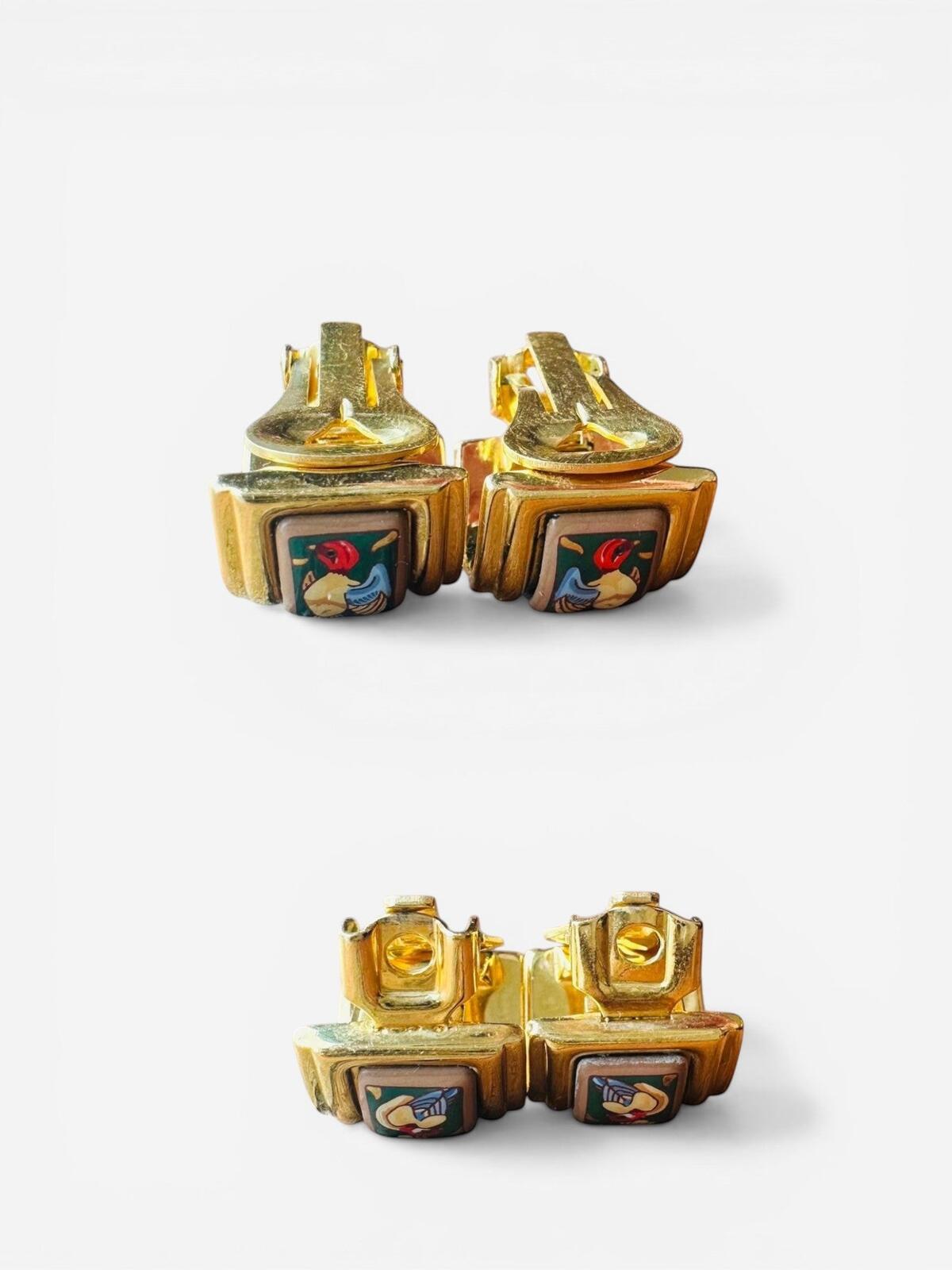 Hermès Vintage Gold Plated Enamel Bird Clip-On Earrings Green | Stamped