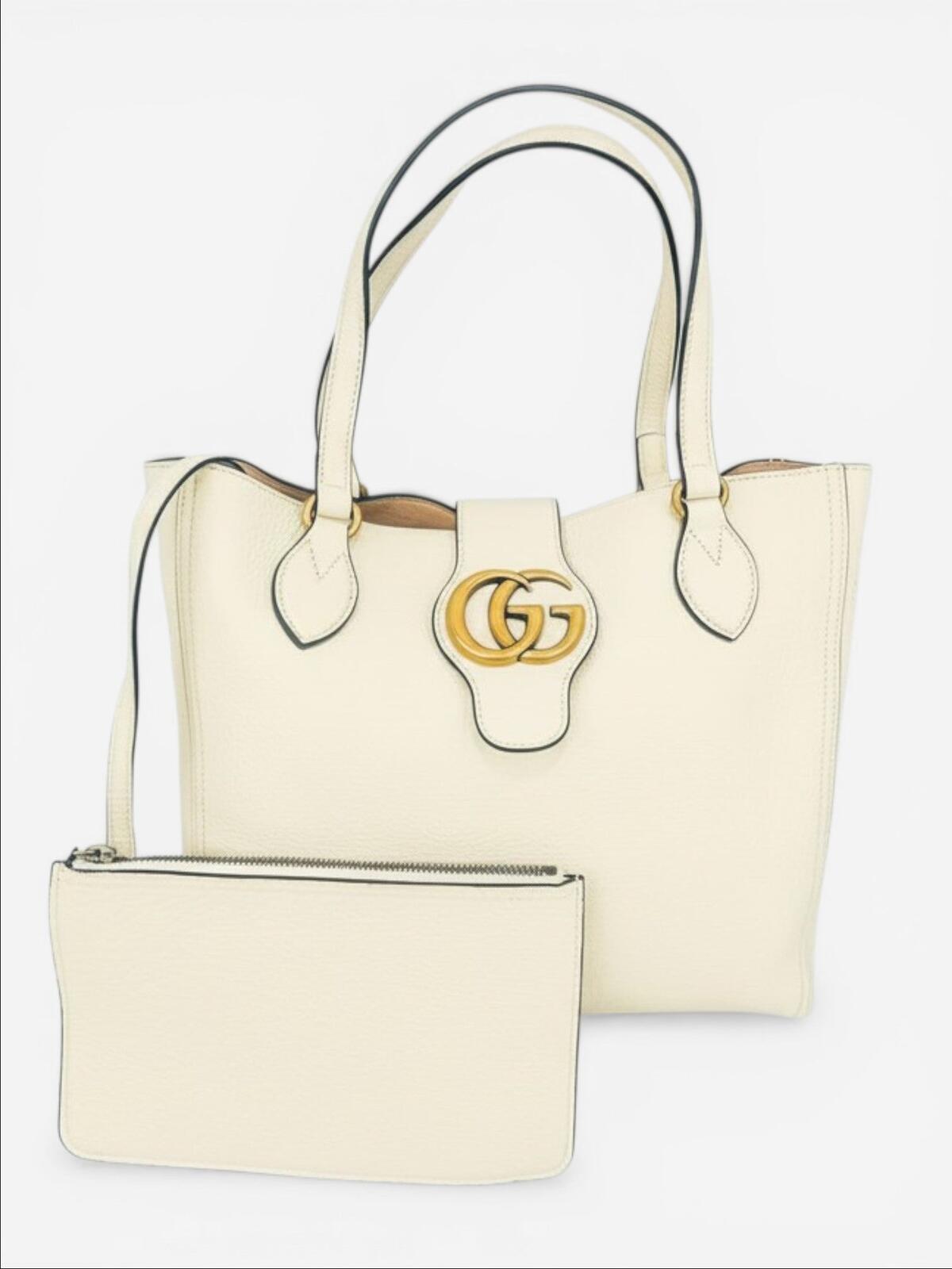 Gucci Gucci Dahlia Small Tote Mystic White Grained Calfskin Double G | New - Vestir