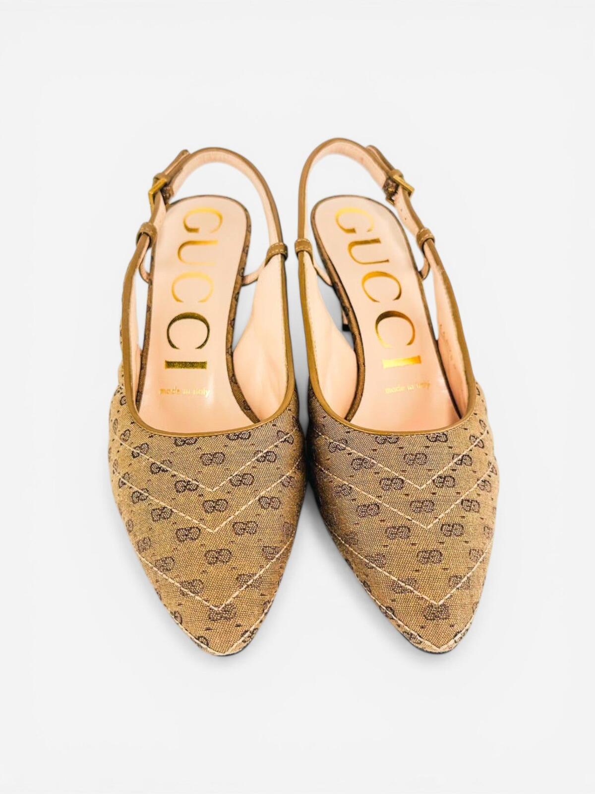 Gucci GG Marmont Canvas Slingback Pump Beige Ebony Gold EU 36 US 6 – view 3