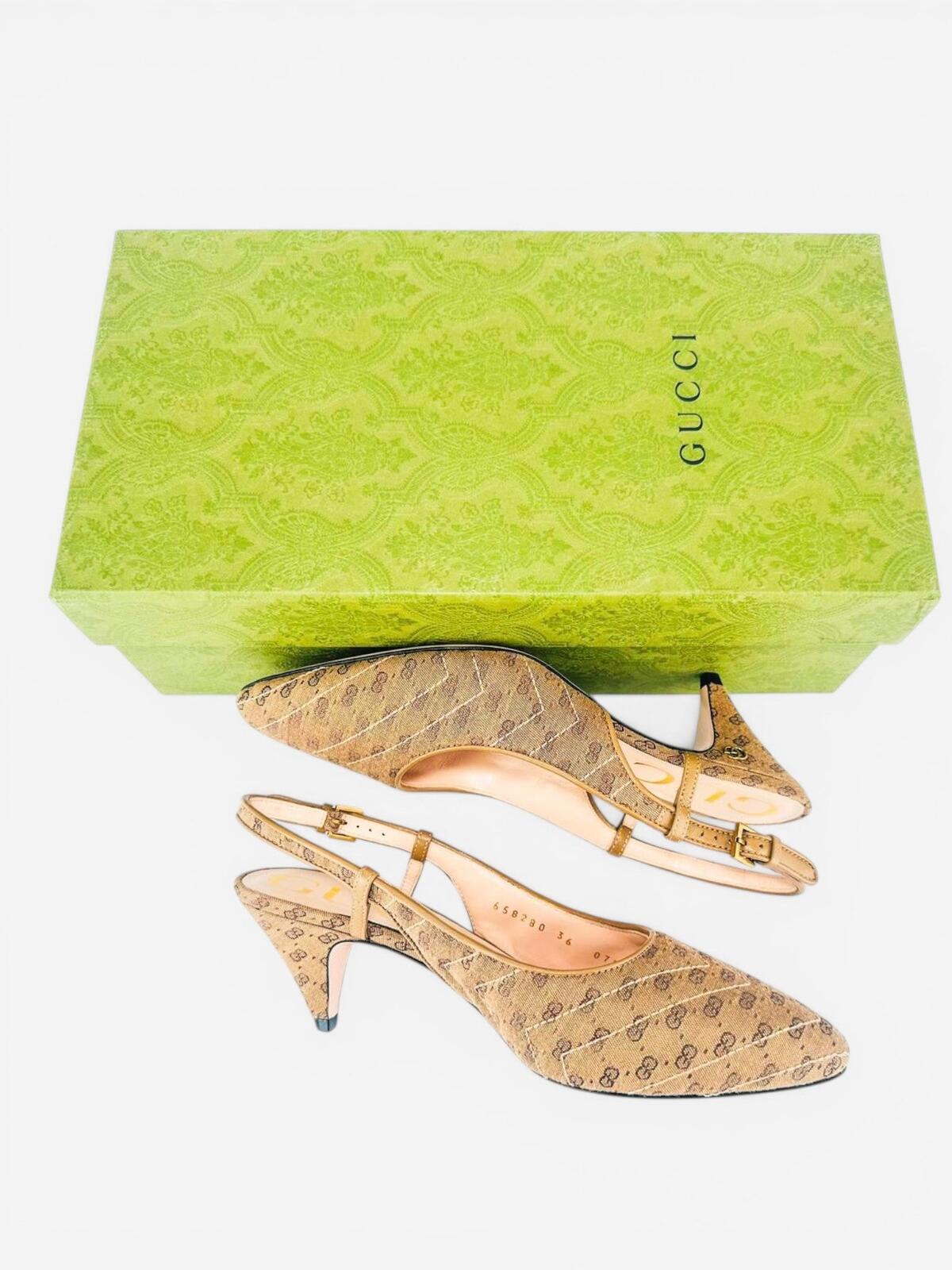 Gucci GG Marmont Canvas Slingback Pump Beige Ebony Gold EU 36 US 6 – view 6