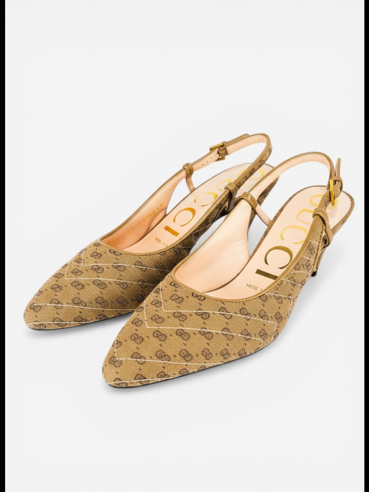 Gucci Gucci GG Marmont Canvas Slingback Pump Beige Ebony Gold EU 36 US 6 NIB - Vestir
