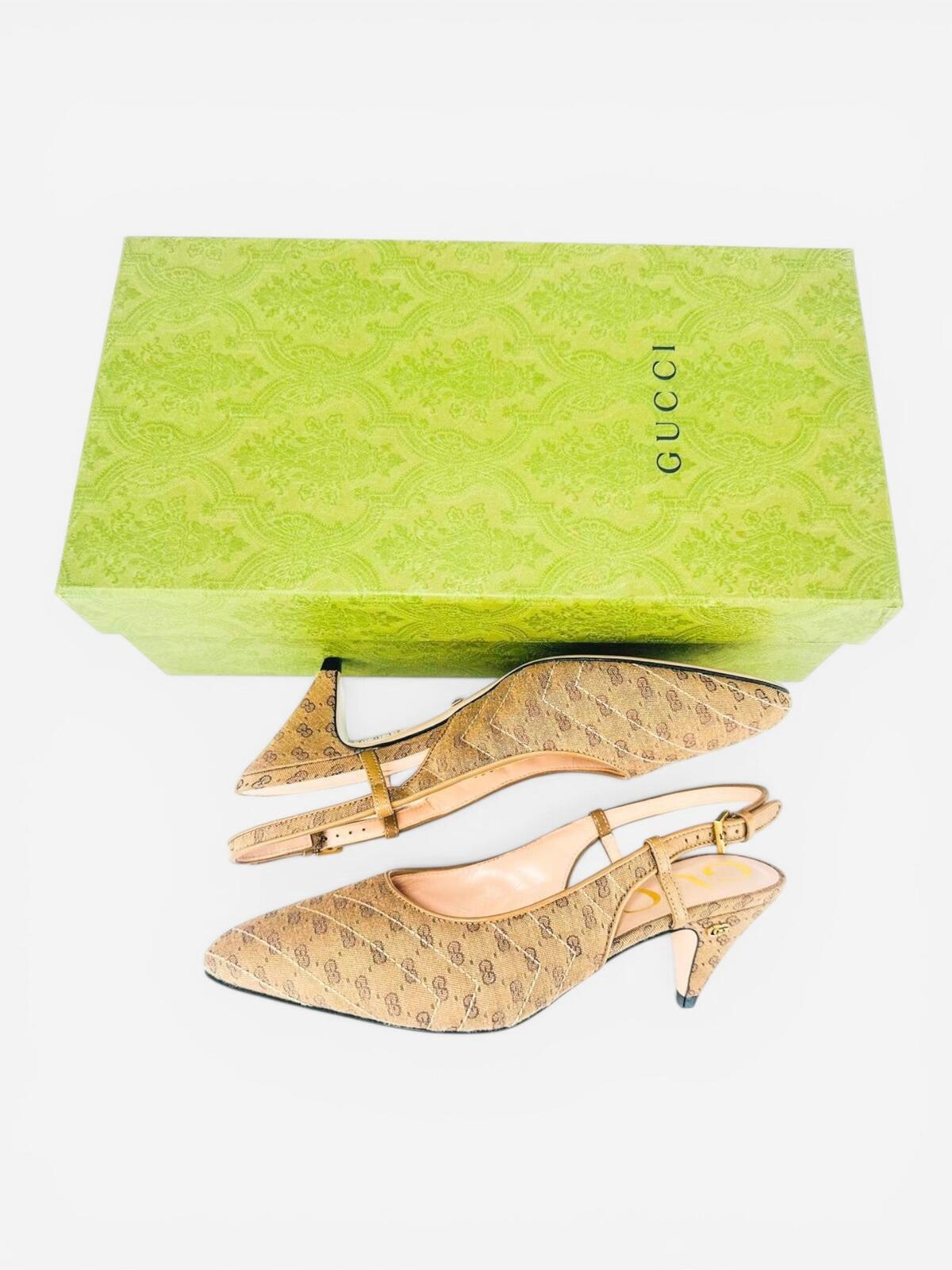 Gucci GG Marmont Canvas Slingback Pump Beige Ebony Gold EU 36 US 6 – view 7