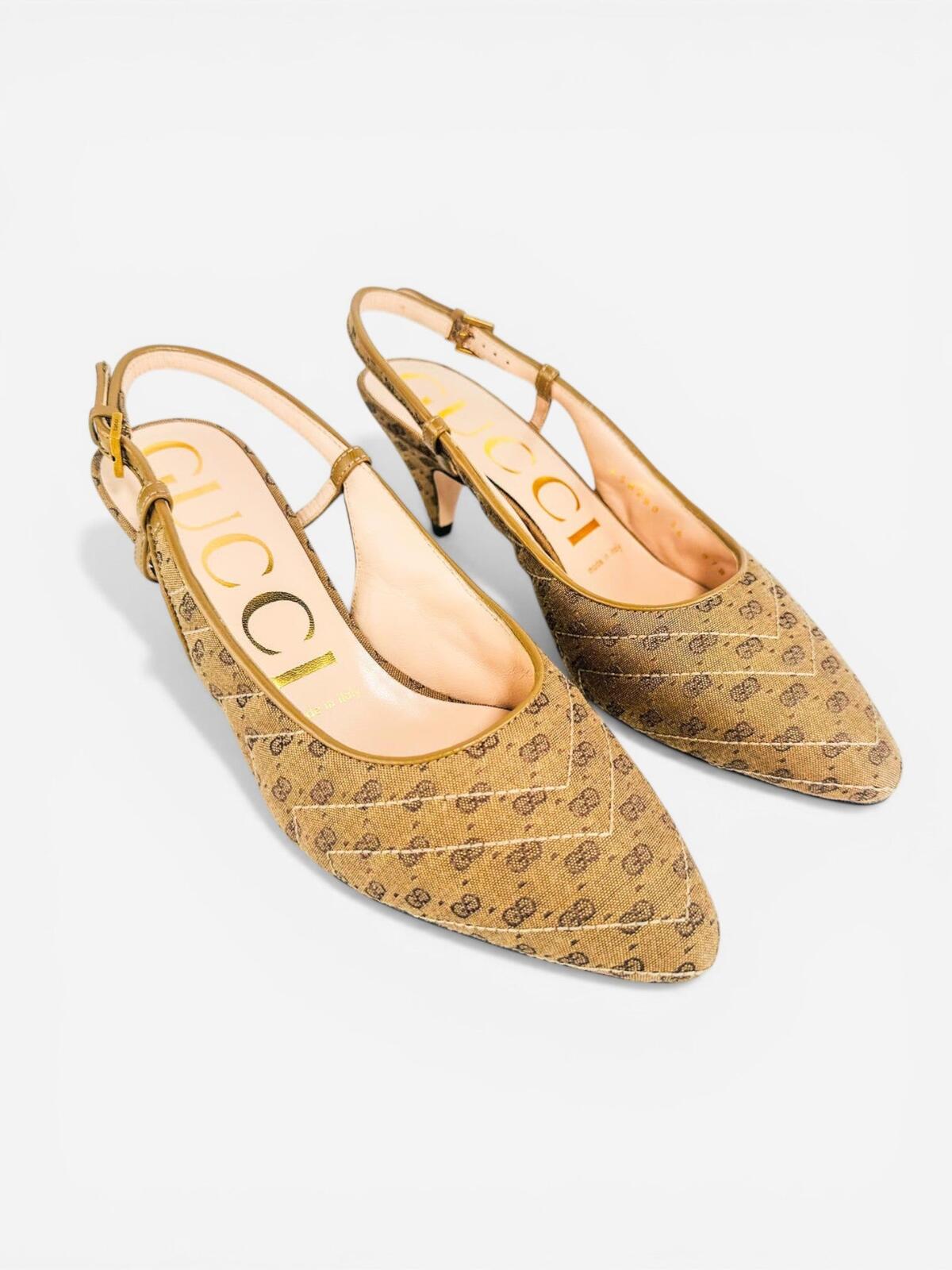 Gucci Gucci GG Marmont Canvas Slingback Pump Beige Ebony Gold EU 36 US 6 NIB - Vestir